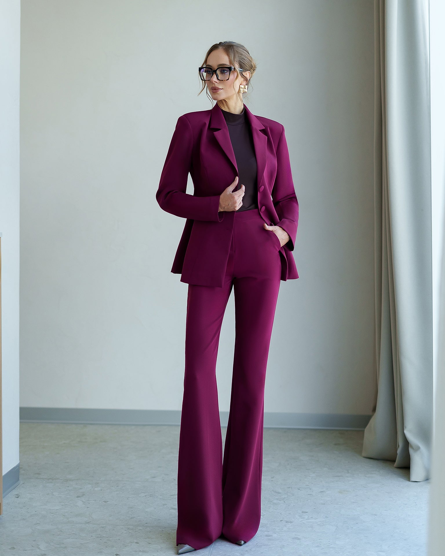 Adriana Bordeaux Single-Breasted Two-Piece Suit