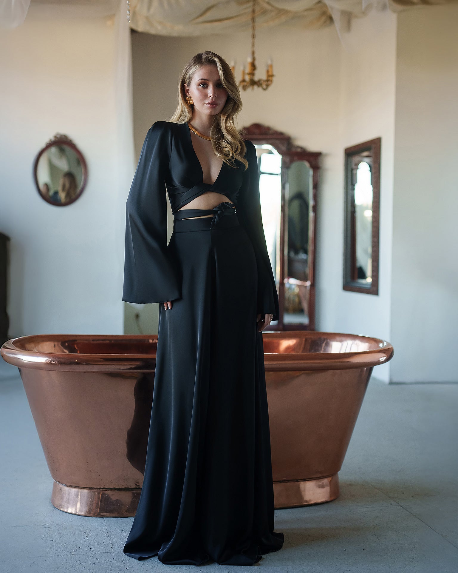 Beatrice Black Satin Bell-Sleeve Wrap Top Two-Piece Set