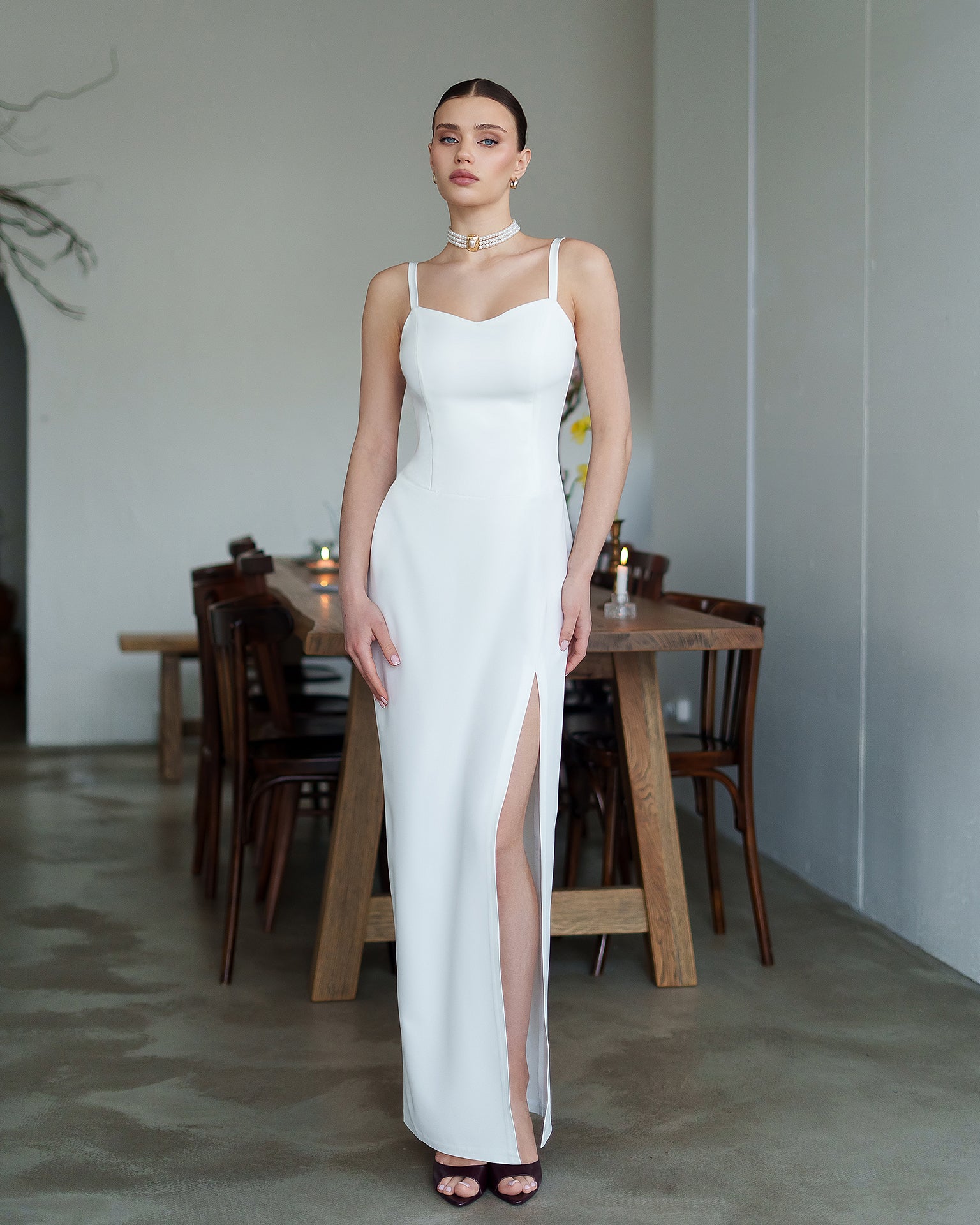 Adriana White Sweetheart High-Slit Maxi Dress