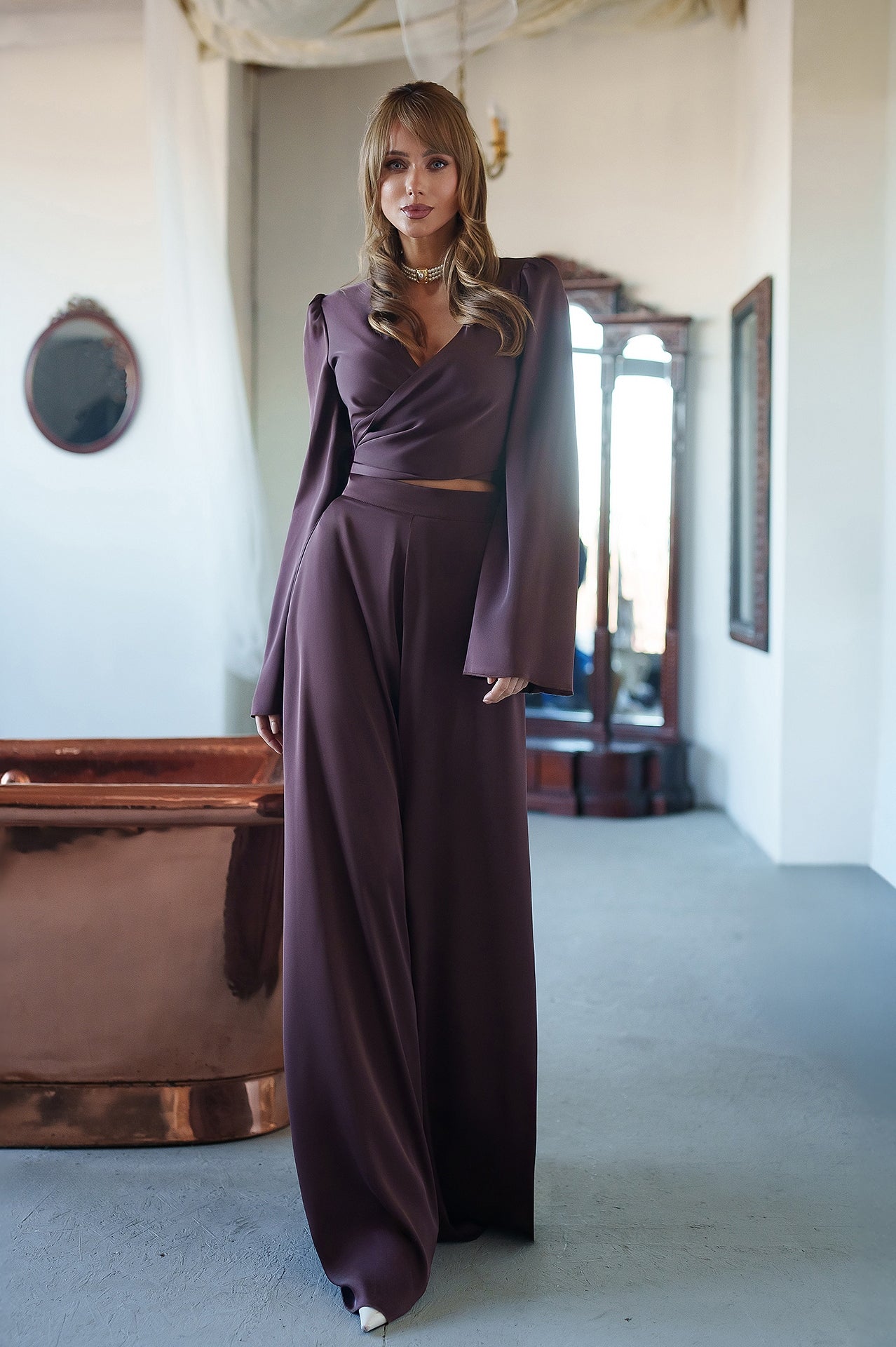 Beatrice Brown Satin Bell-Sleeve Wrap Top Two-Piece Set