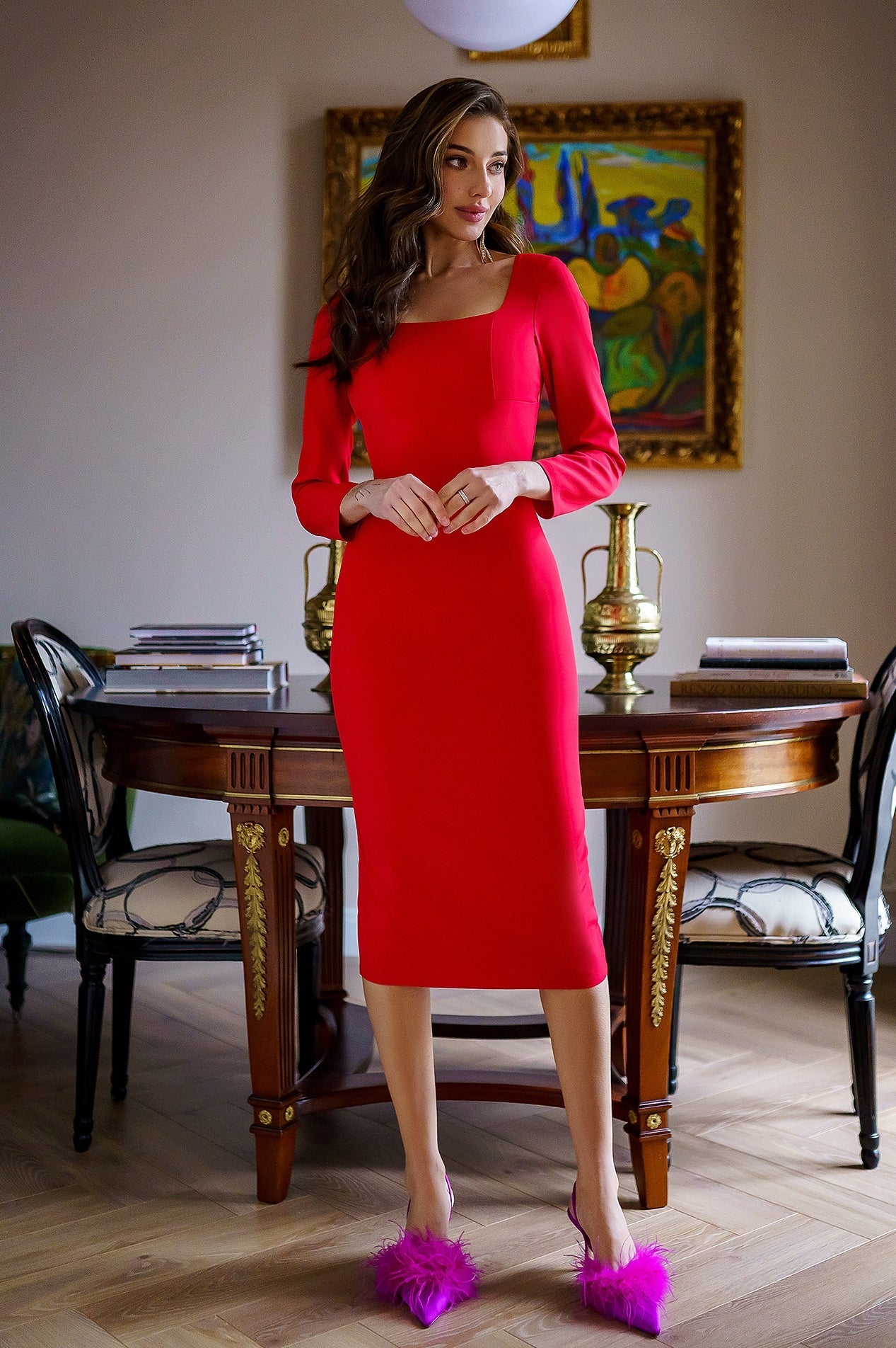 Adriana Red Square-Neck Long-Sleeve Midi Dress