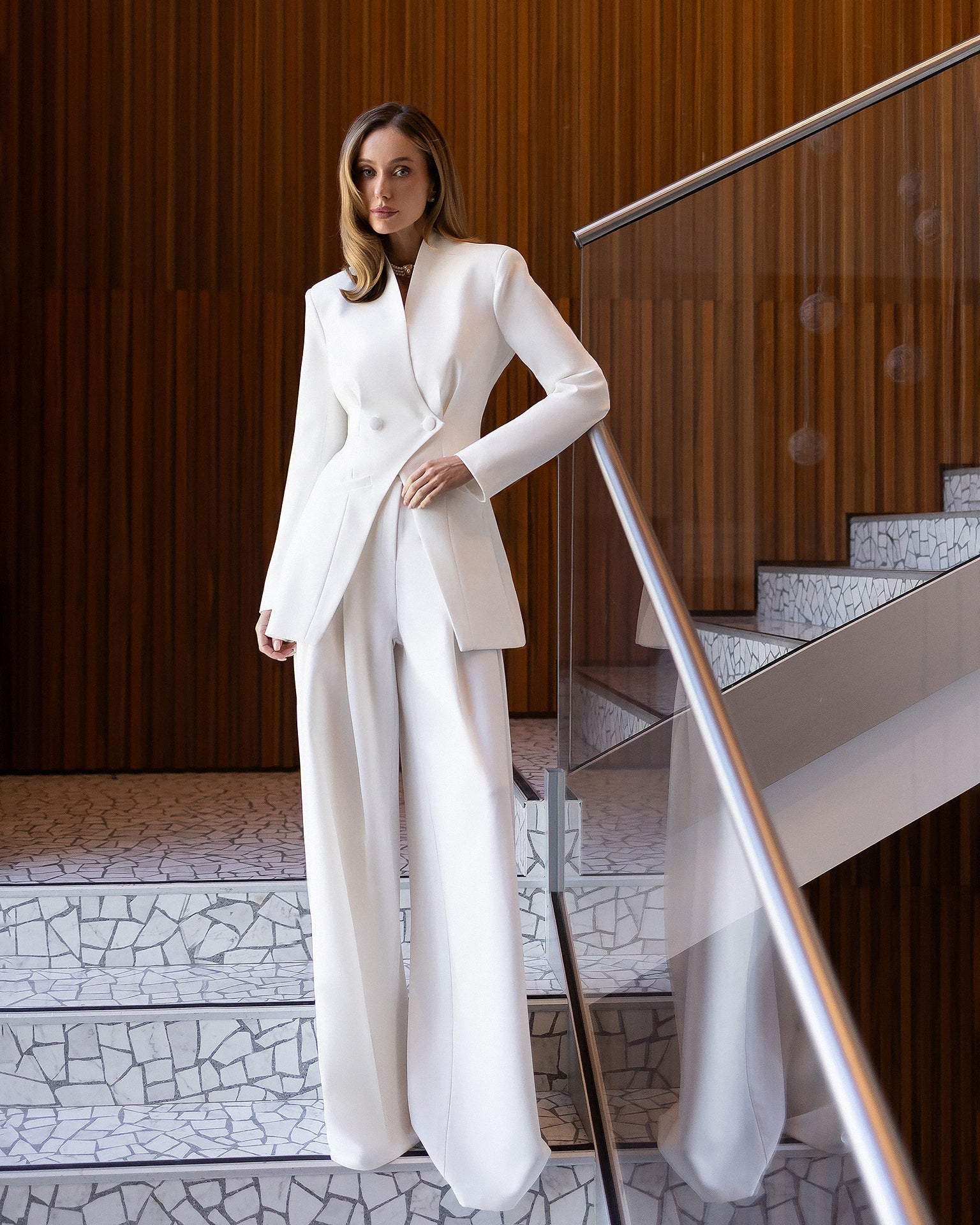 Eleonora White Asymmetric Double-Breasted Longline Blazer Two-Piece Suit