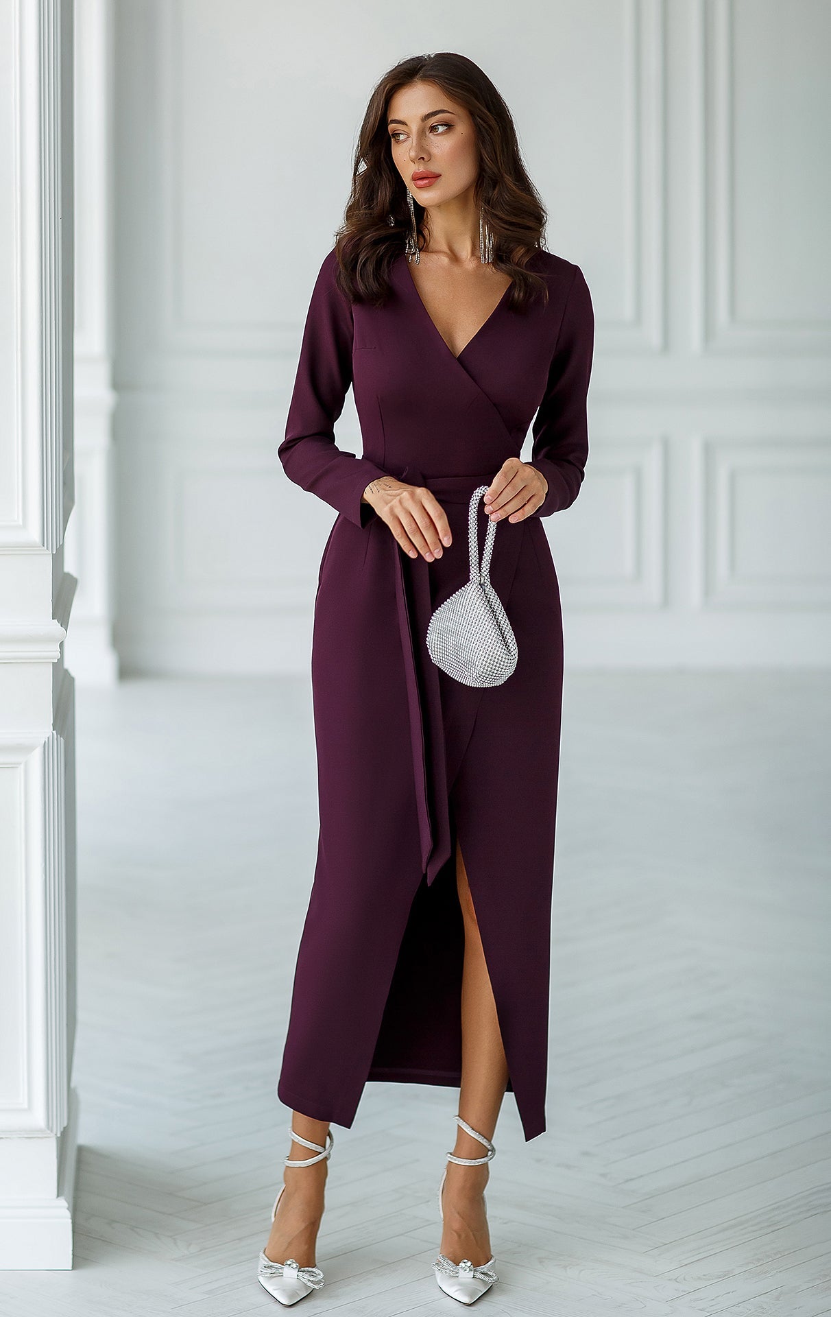 Aurora Plum Wrap Long-Sleeve Collarless Maxi Dress