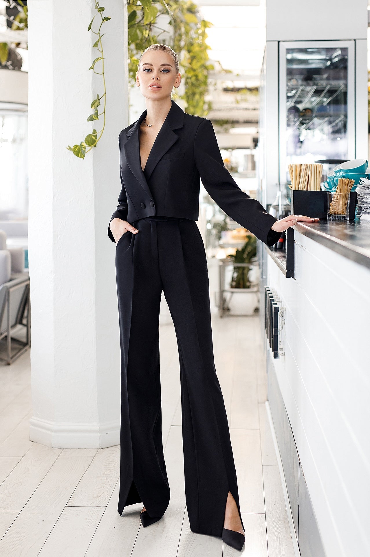 Aurora Black Cropped Blazer Two-Piece Crepe Suit
