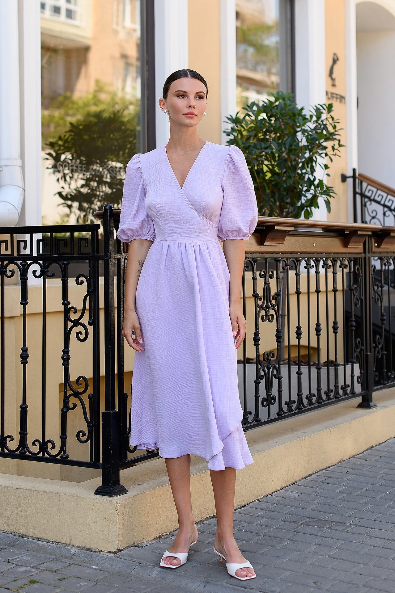 Chiara Lavender V-Neck Puff-Sleeve Muslin Midi Dress