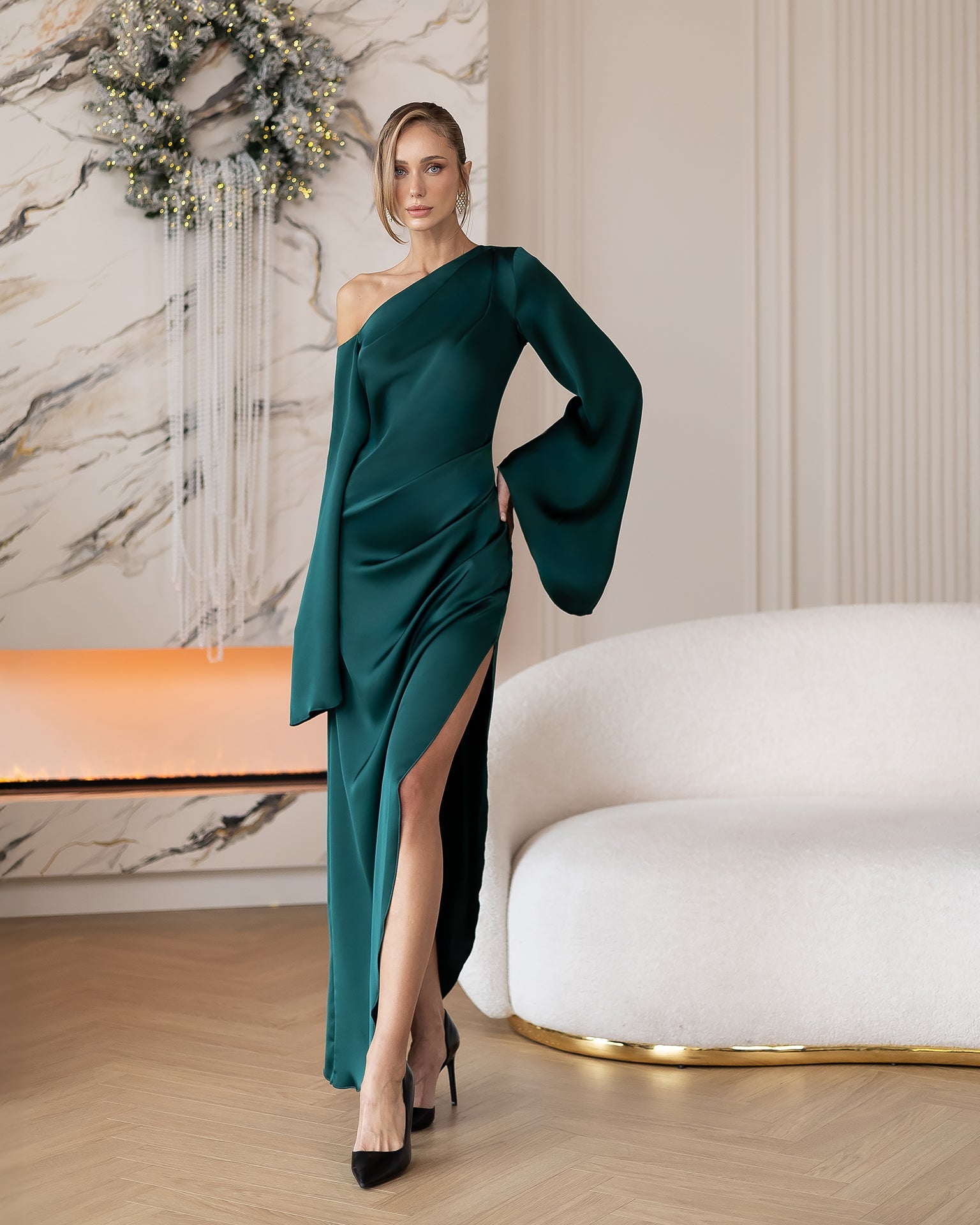 Isabella Emerald Satin Asymmetric One-Shoulder Midi Dress