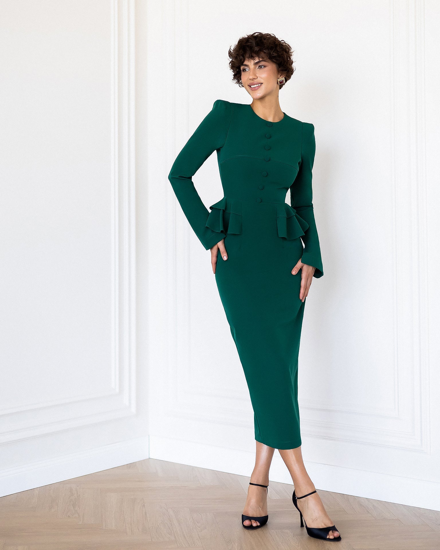 Chiara Emerald Button-Detail Long Sleeve Peplum Midi Dress