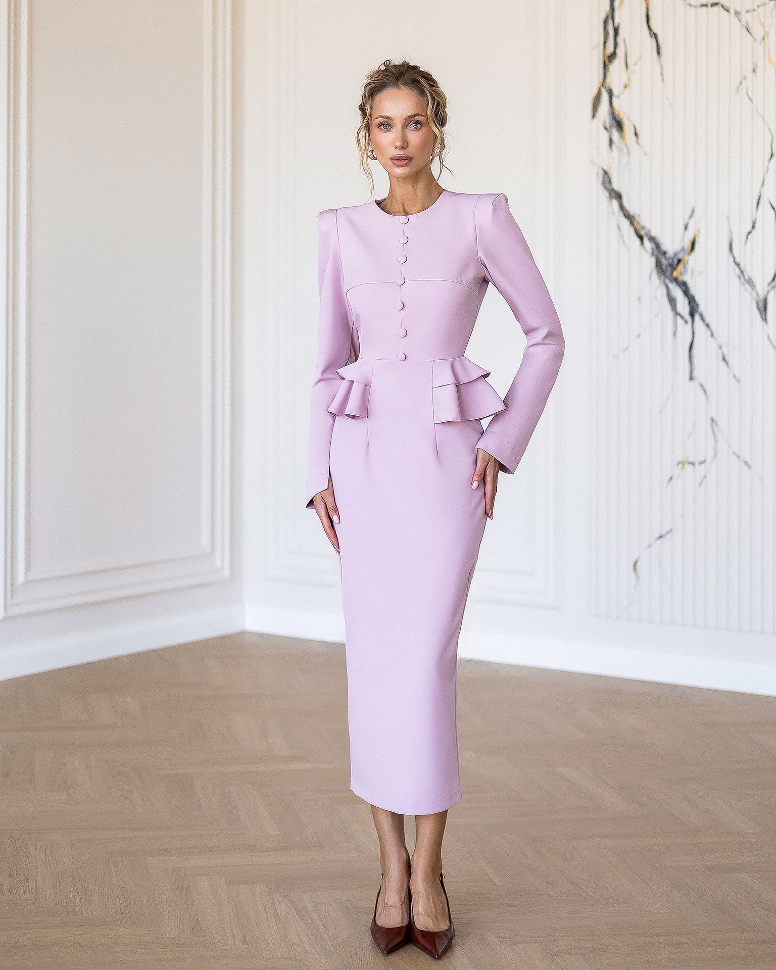 Chiara Dusty-Pink Button-Detail Long Sleeve Peplum Midi Dress