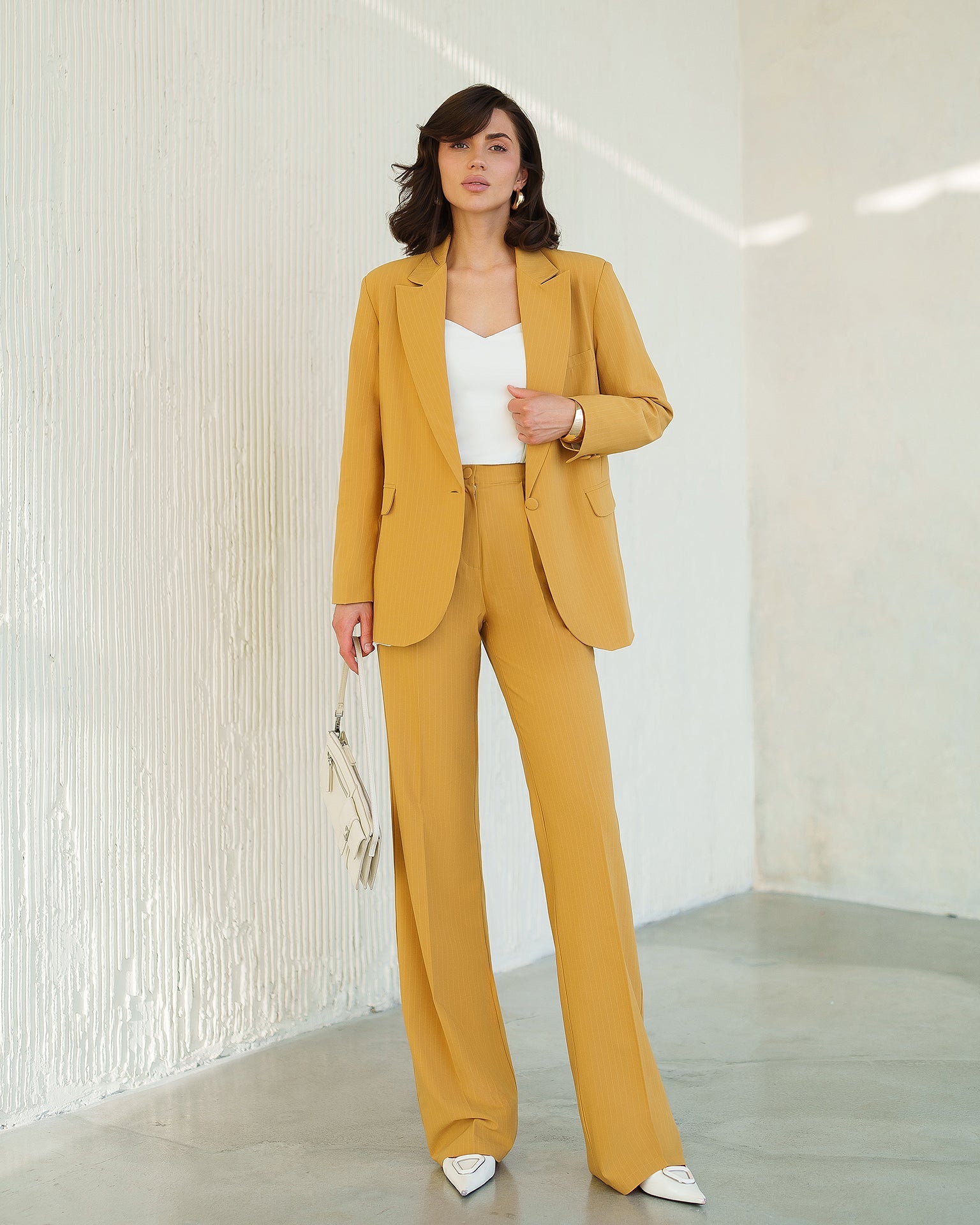 Adriana Mustard Striped Single-Breasted Two-Piece Suit