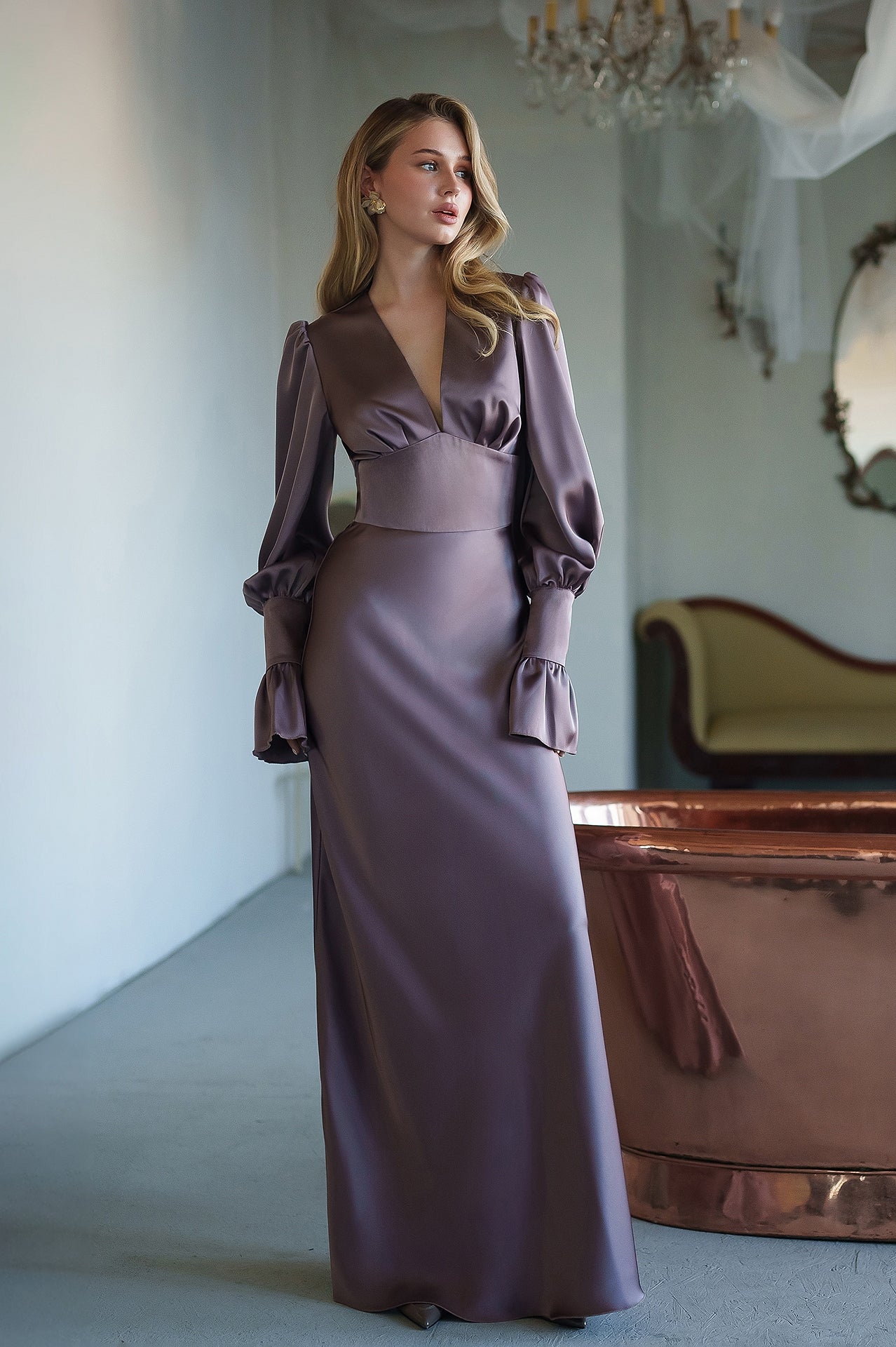 Francesca Mocca Satin V-Neck Puff-Sleeve Maxi Dress