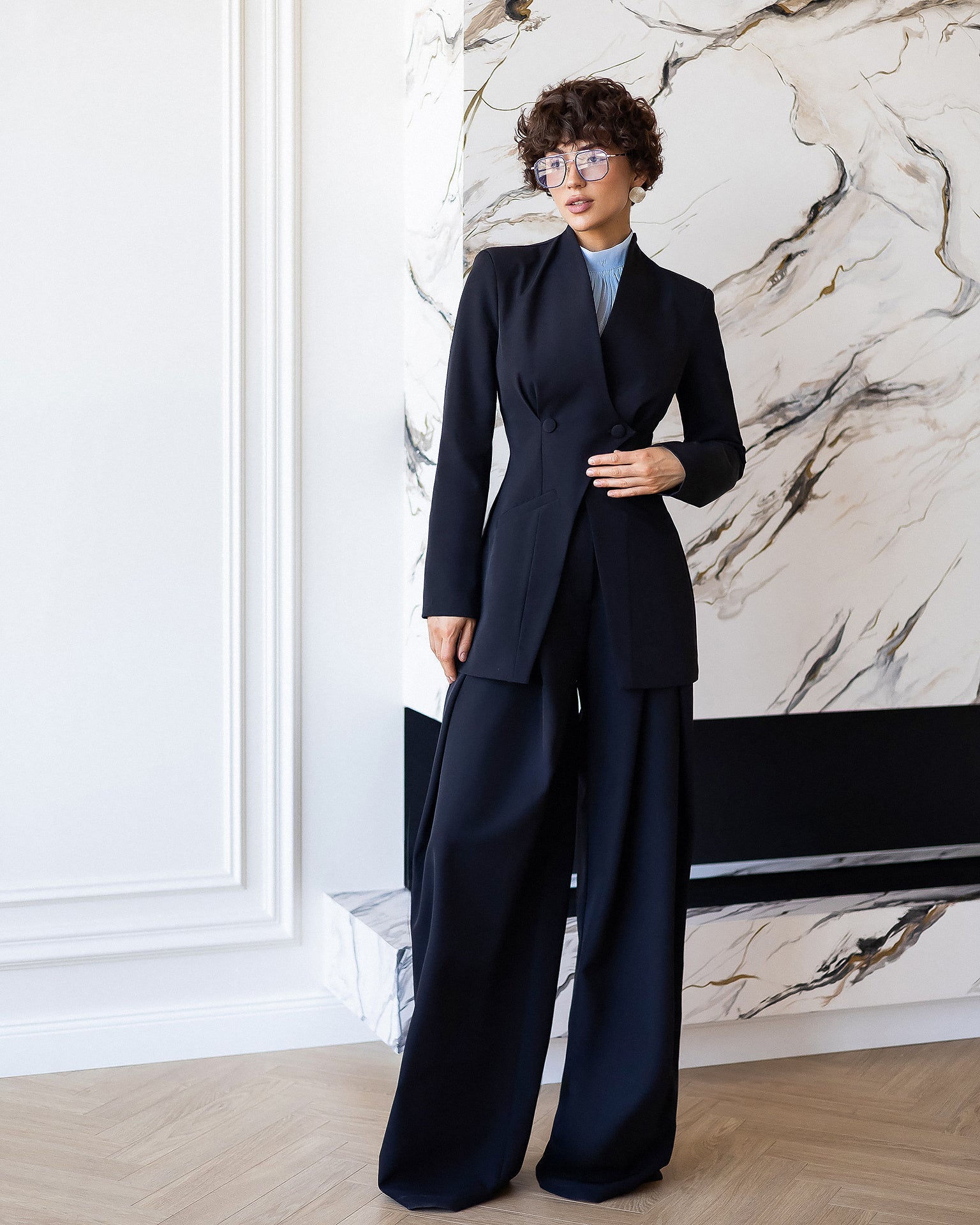 Eleonora Black Asymmetric Double-Breasted Longline Blazer Suit Two-Piece