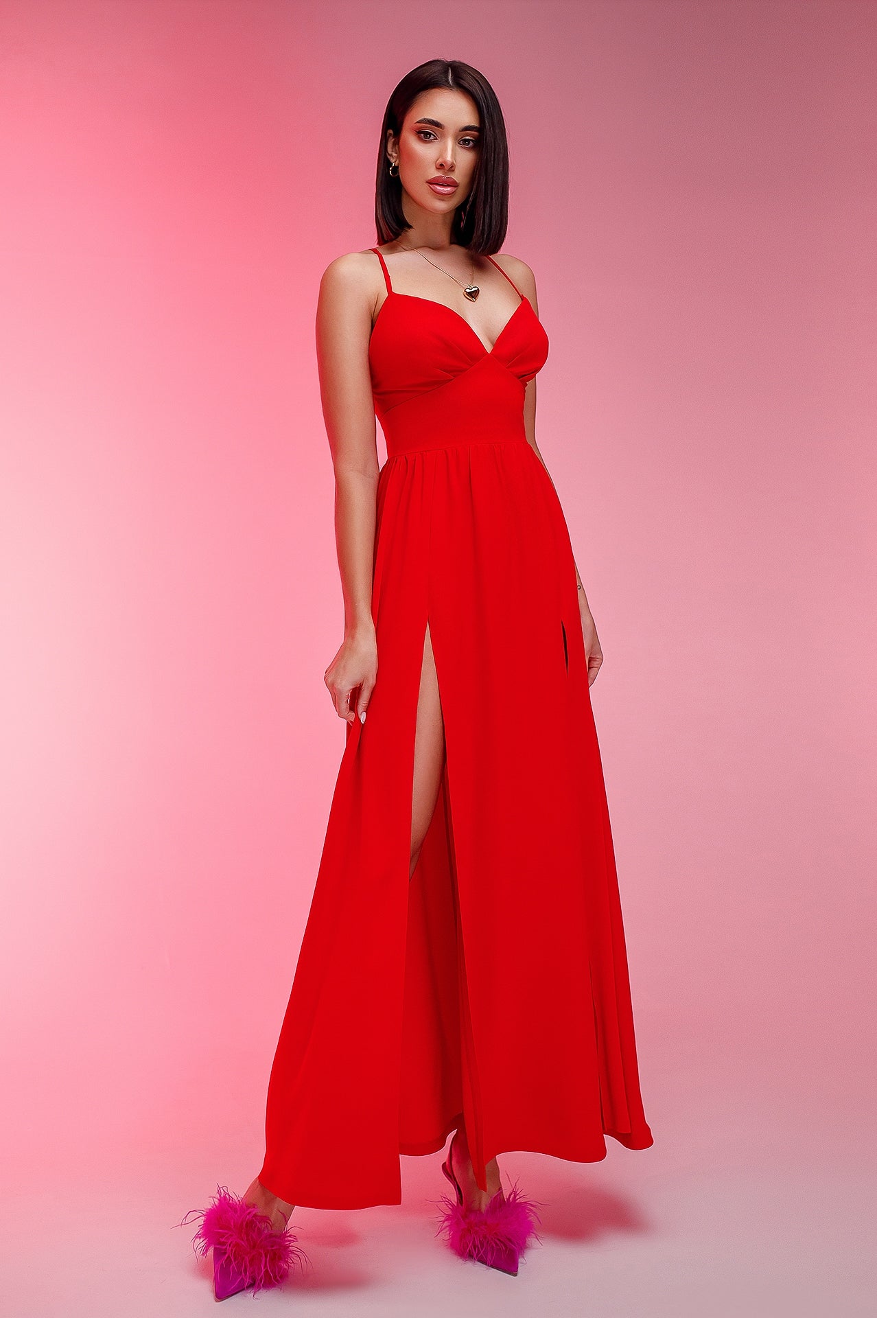 Adriana Red V-Neck Slip Midi Dress