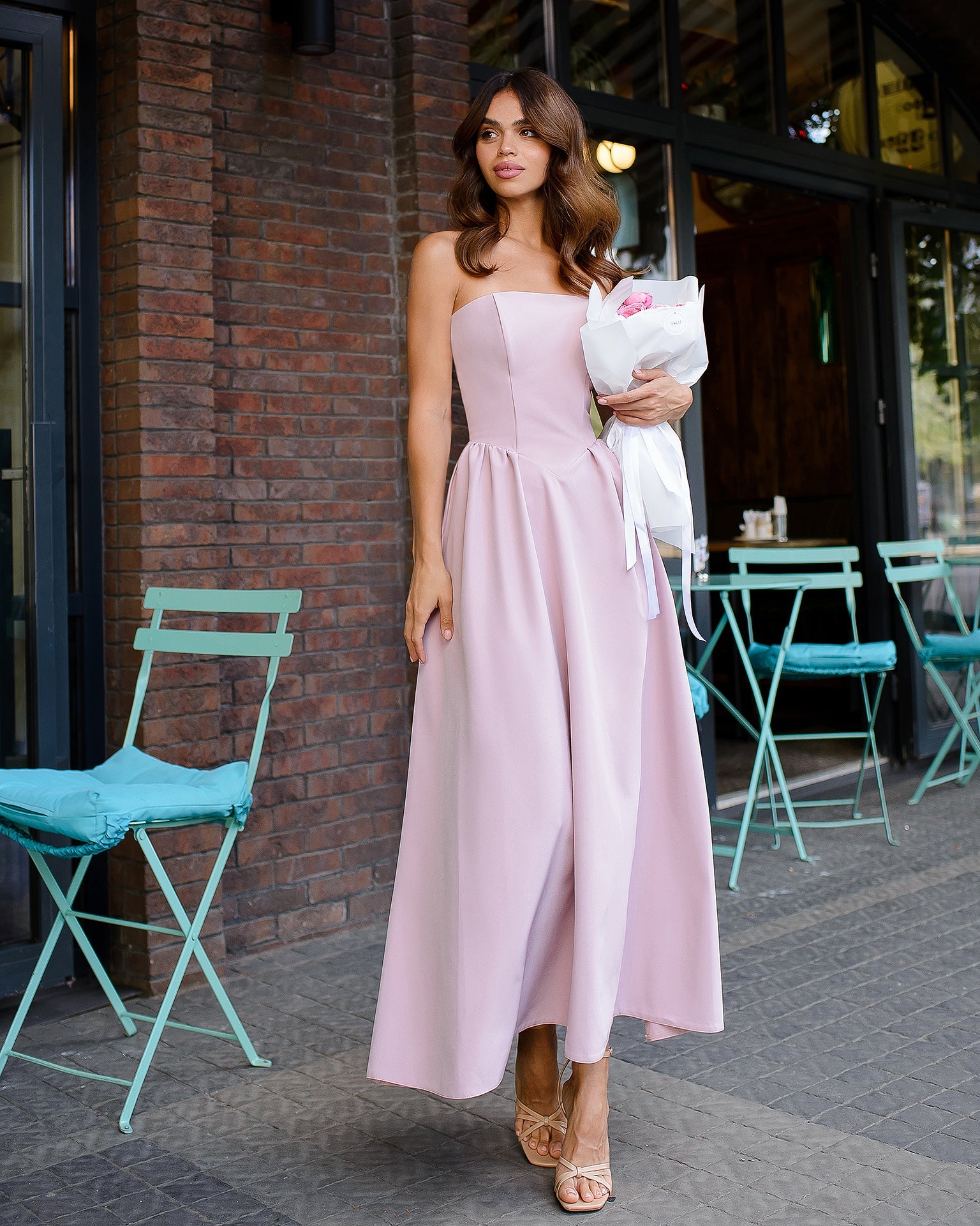 Beatrice Dusty Pink Strapless Corseted Midi Dress