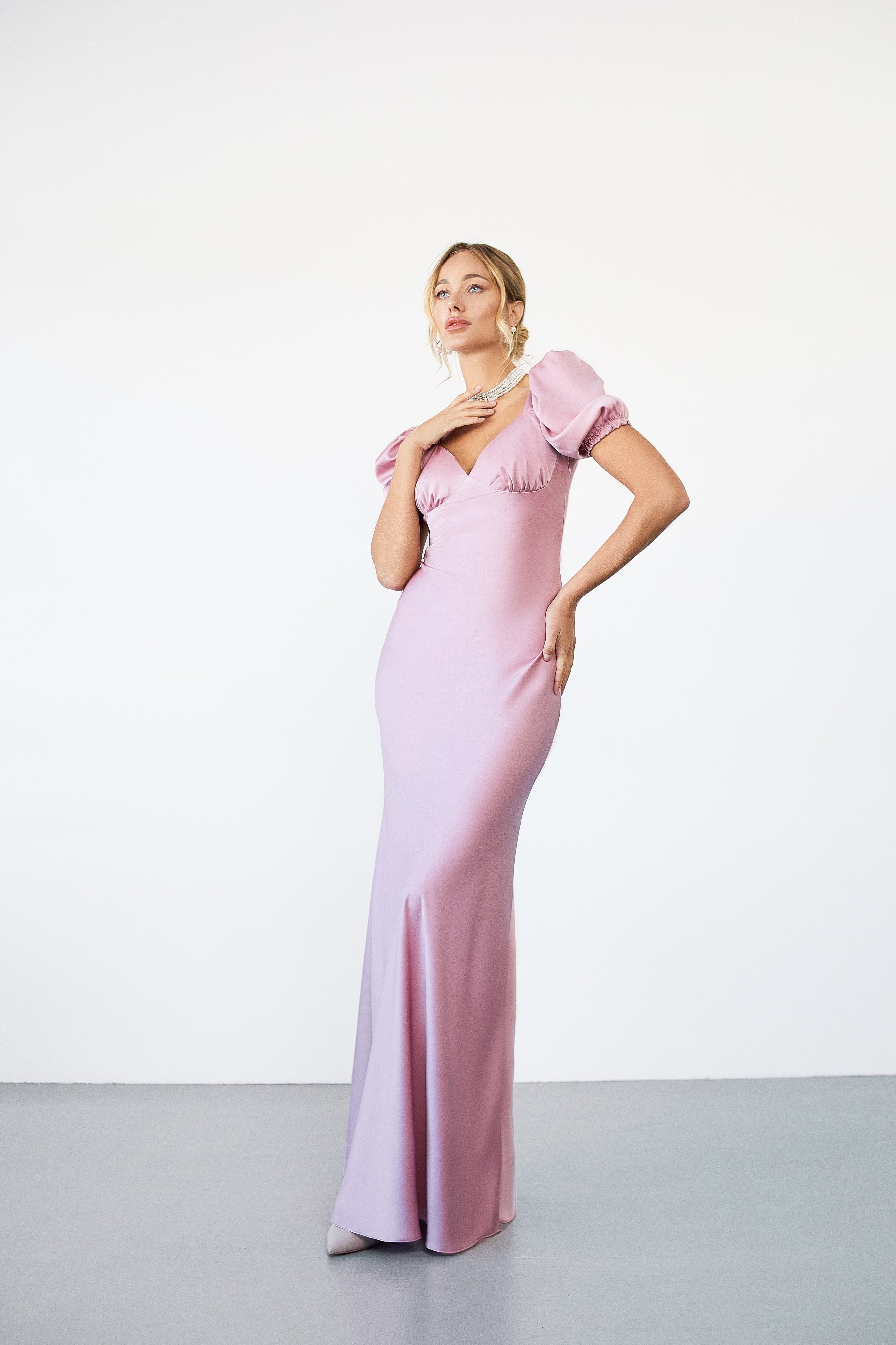 Ginevra Dusty Pink Satin Puff Sleeve Maxi Dress