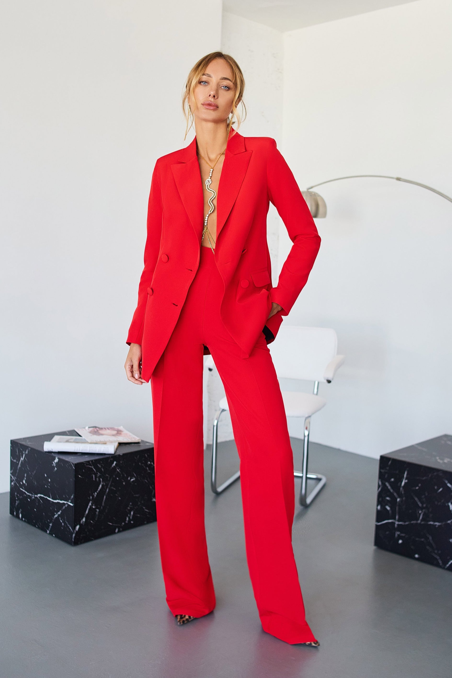 Adriana Red Belted Double-Breasted Crepe Two-Piece Suit