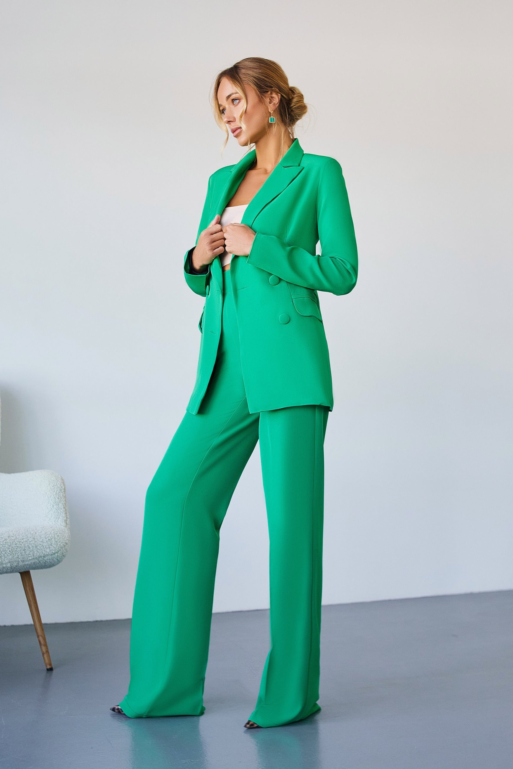 Adriana Green Belted Double-Breasted Crepe Suit Two-Piece