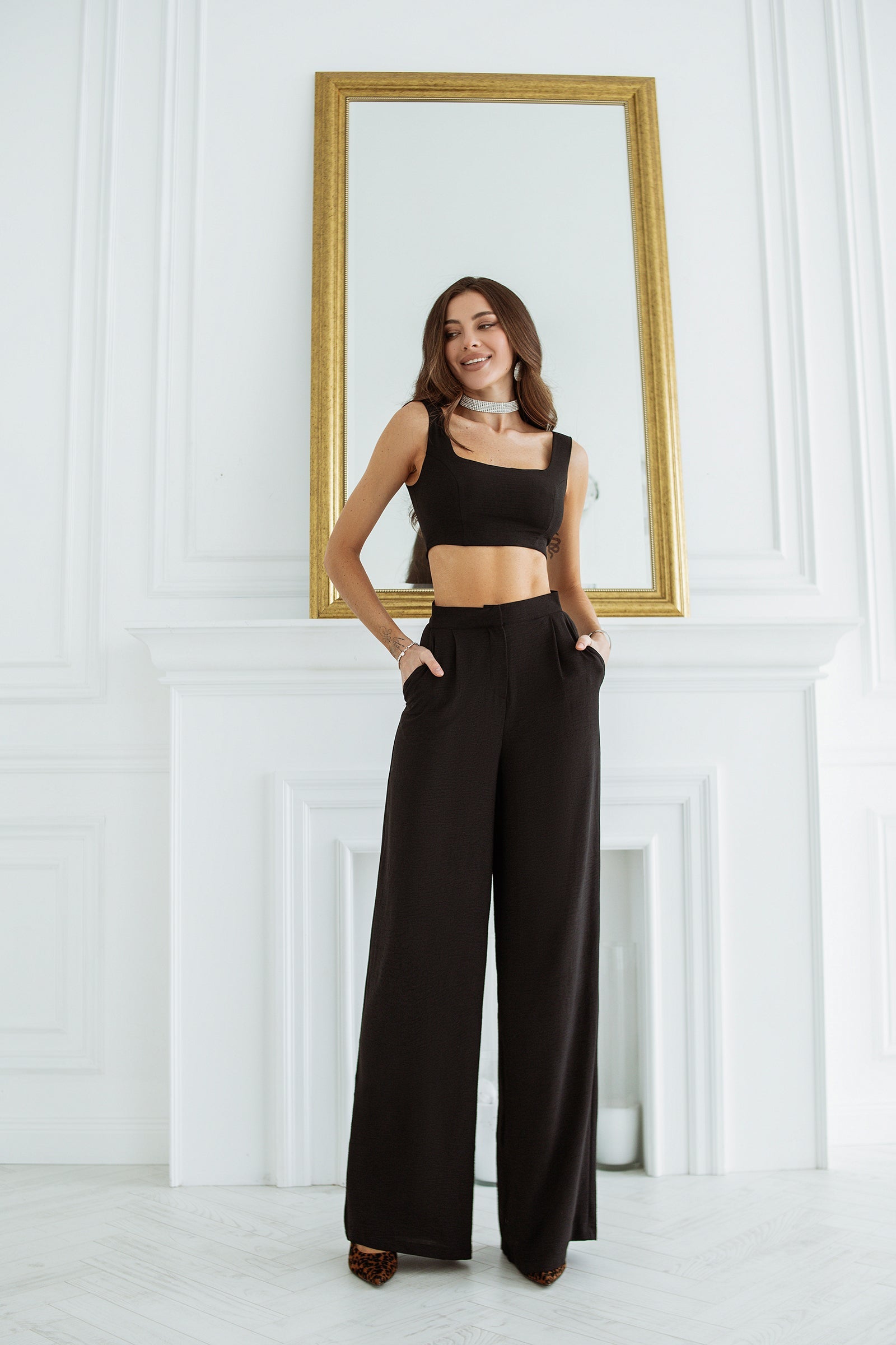 Adriana Black Sleeveless Top & Wide-Leg Pants Two-Piece Set