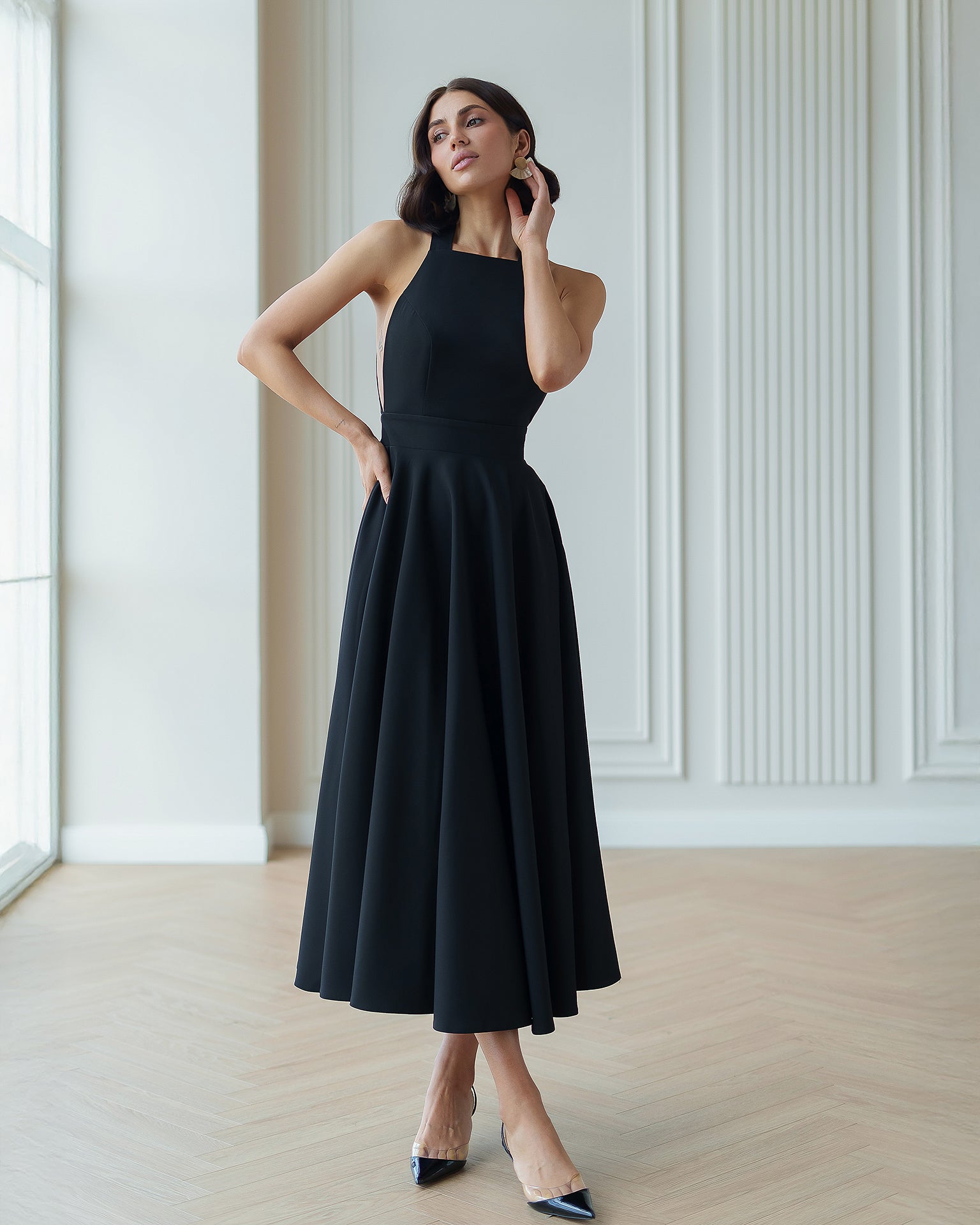 Adriana Black Halter Neck Backless Midi Dress