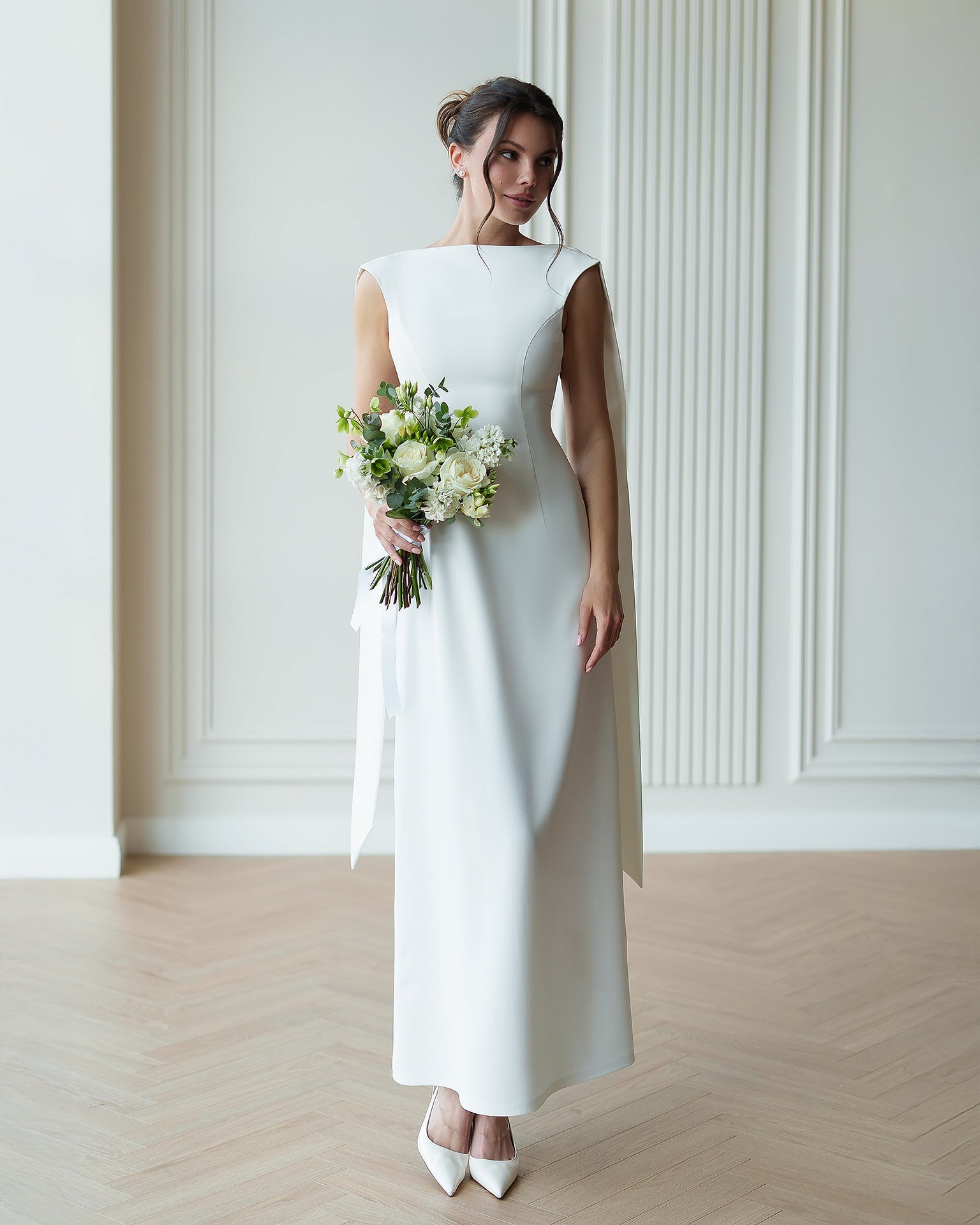 Beatrice White Crepe Boat-Neck Open-Back Maxi Dress
