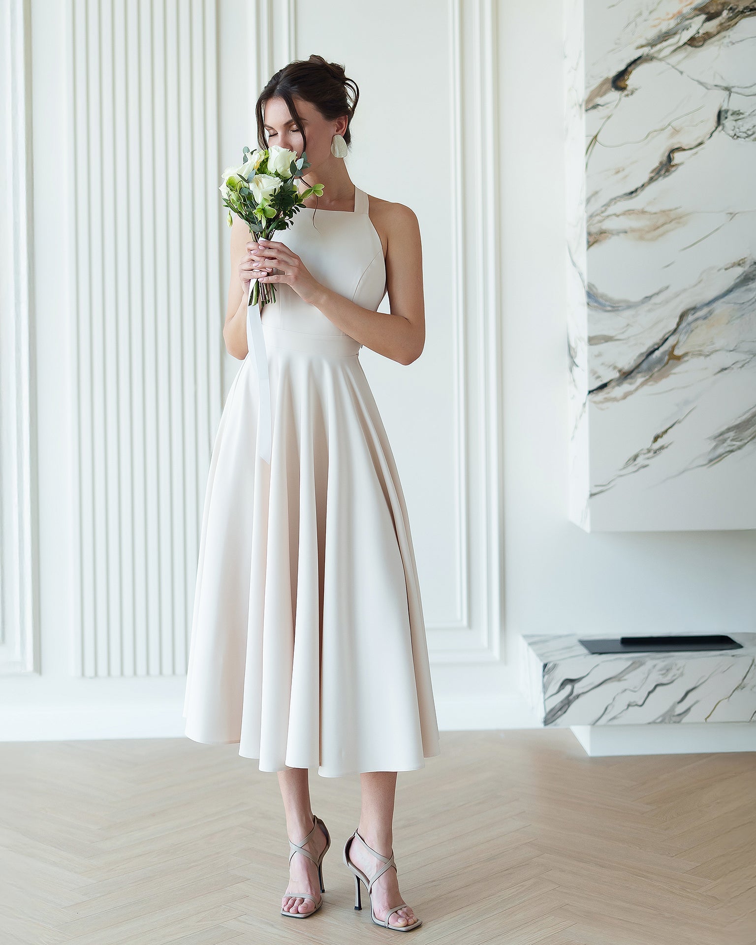 Adriana Beige Halter Neck Midi Dress