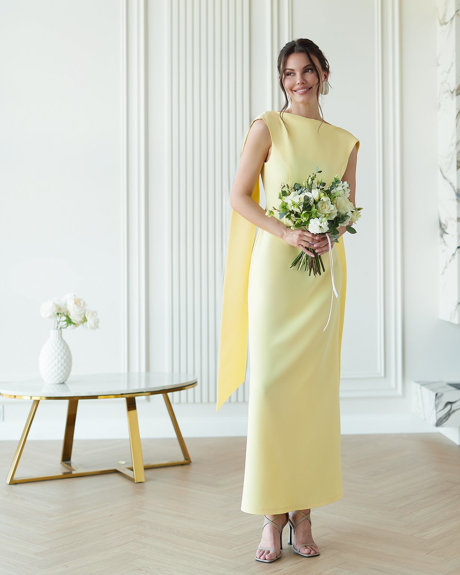 Beatrice Yellow Crepe Boat-Neck Open-Back Maxi Dress