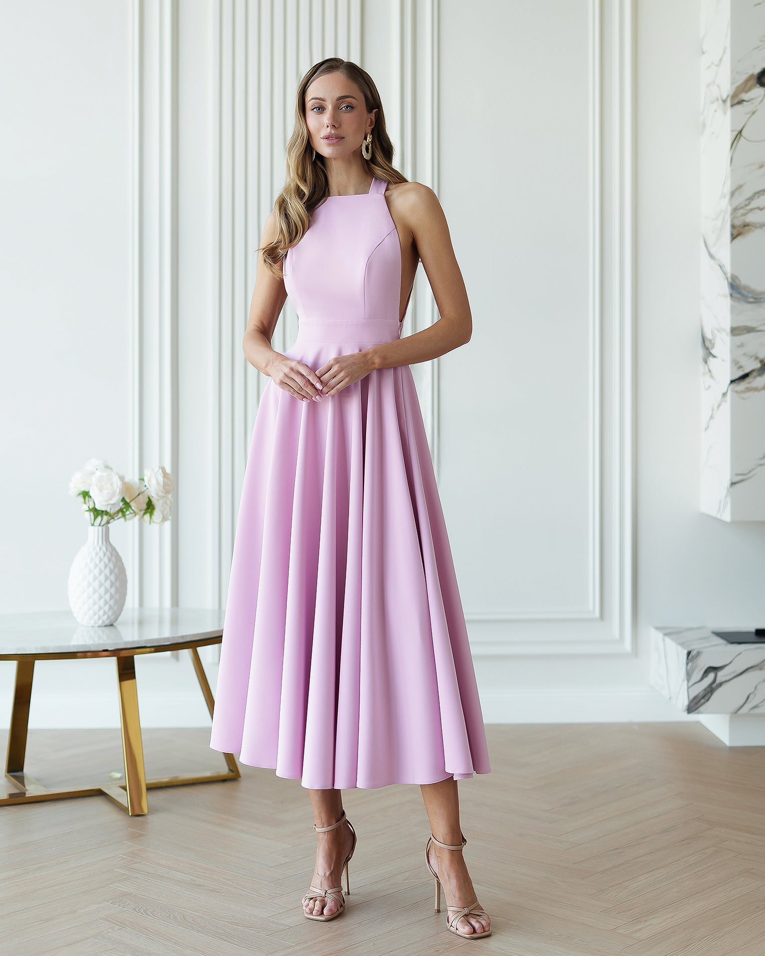 Adriana Dusty Pink Halter Neck Backless Midi Dress
