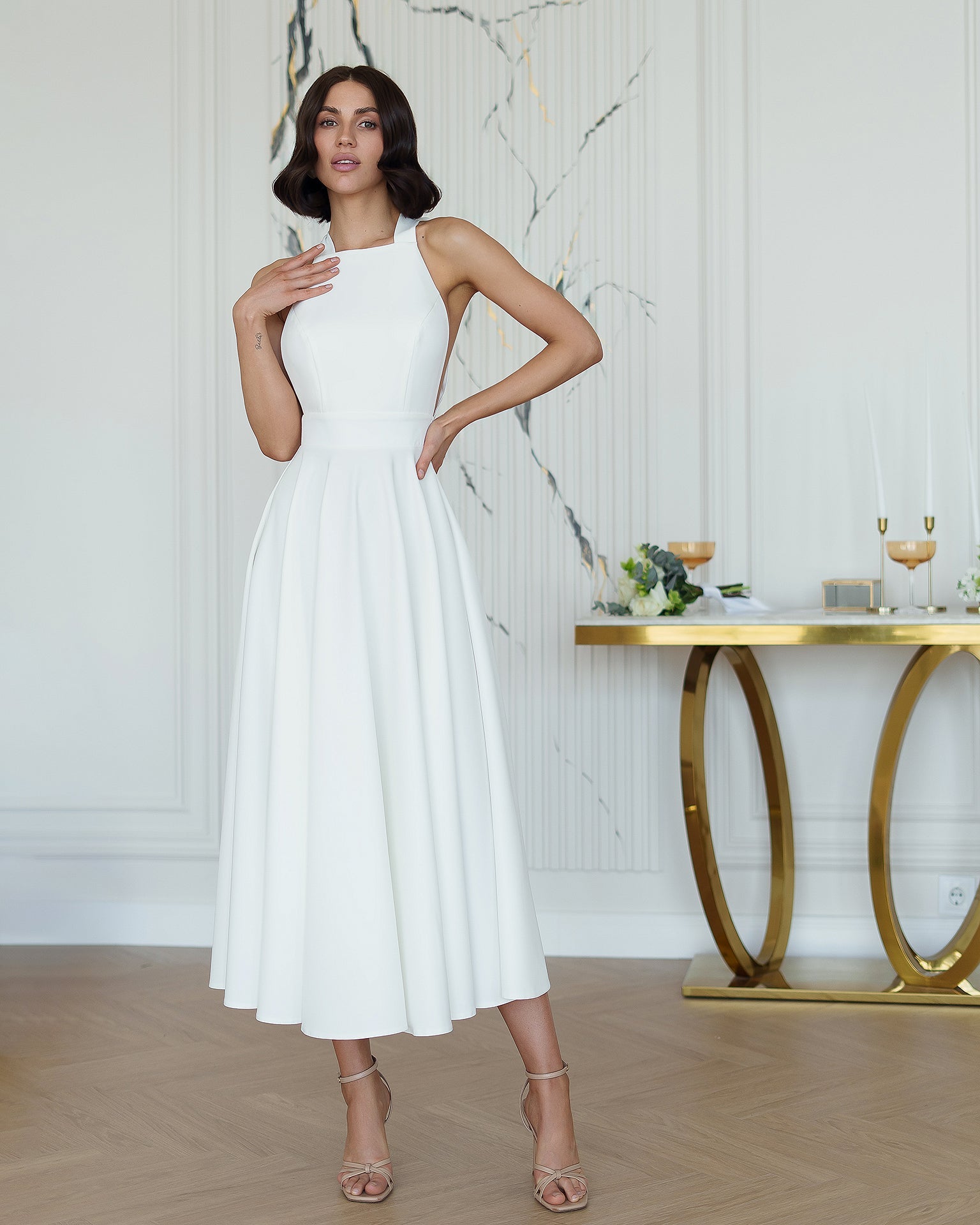 Adriana White Halter Neck Backless Midi Dress