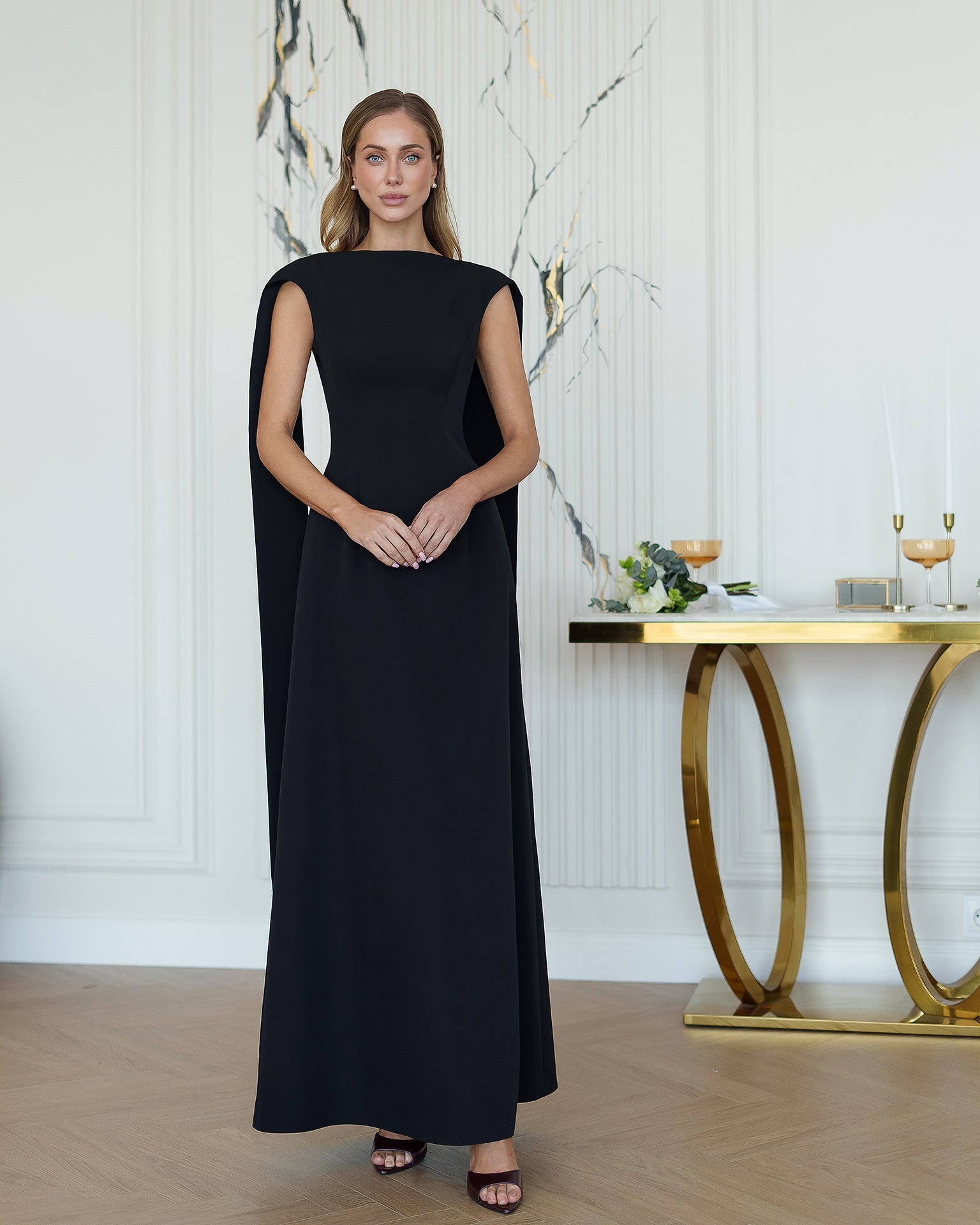 Beatrice Black Crepe Boat-Neck Open-Back Maxi Dress
