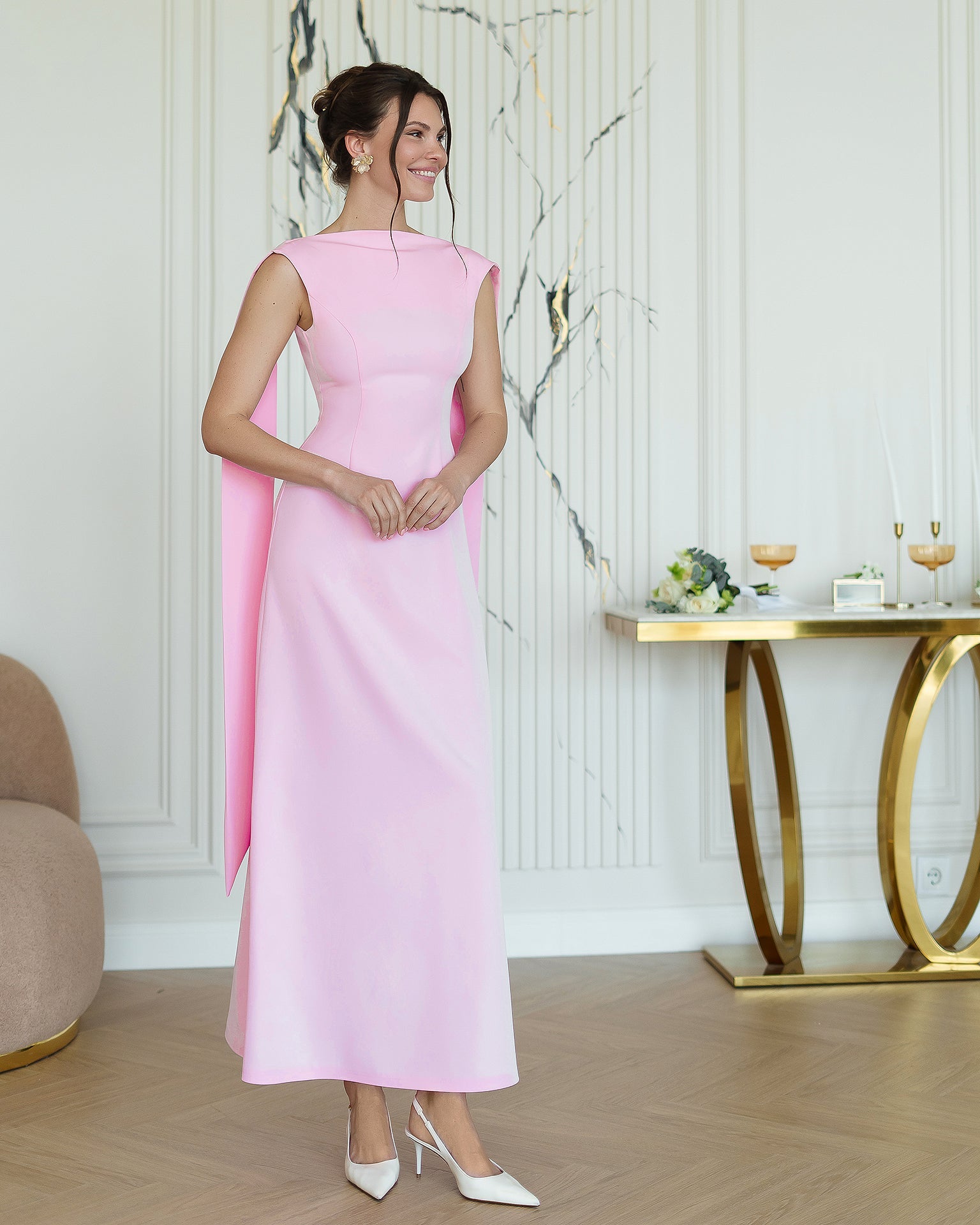 Beatrice Pink Crepe Boat-Neck Open-Back Maxi Dress