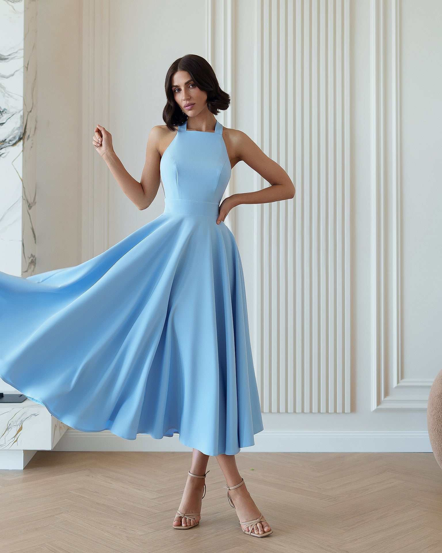 Adriana Sky-Blue Halter Neck Backless Midi Dress