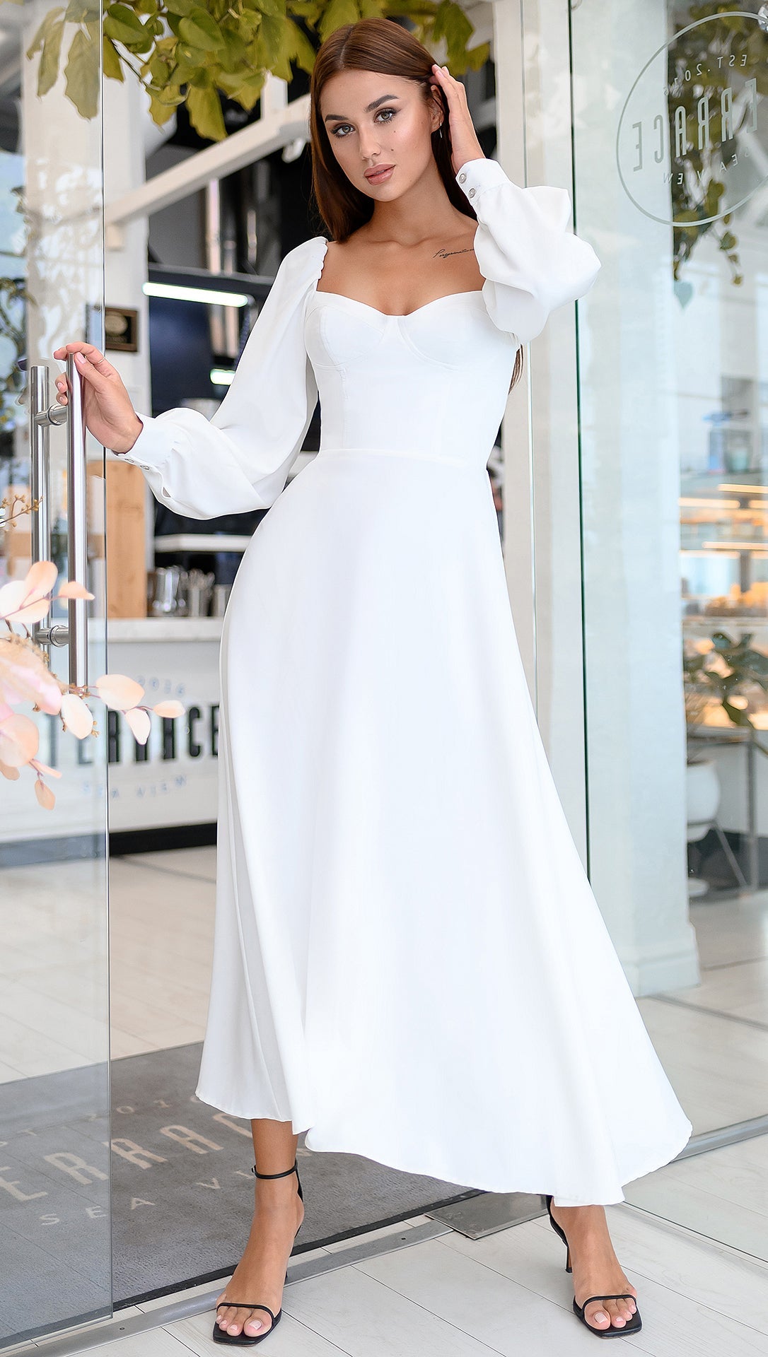 Adriana Ivory Puff-Sleeve Bustier Midi Dress