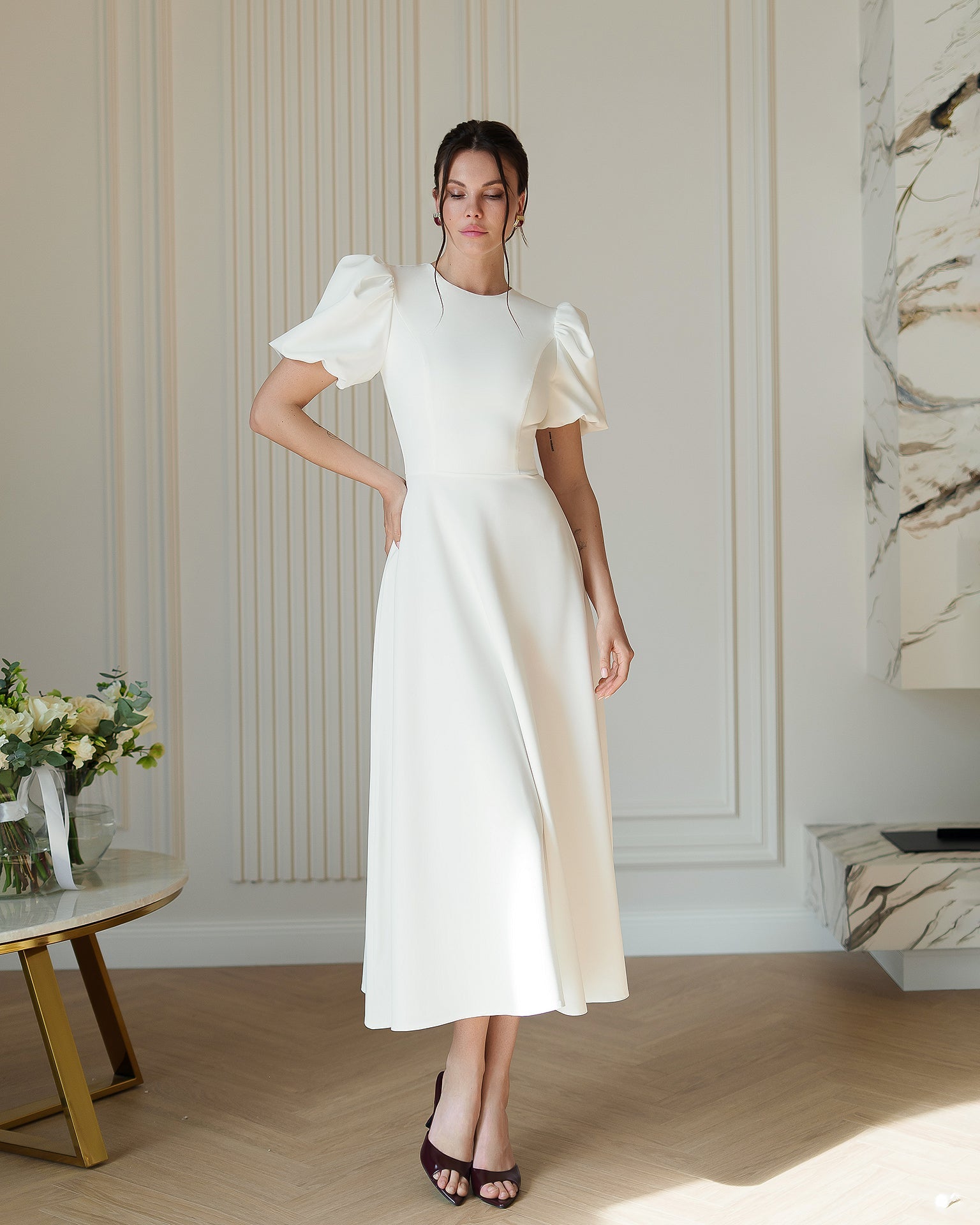 Chiara White Round-Neck Puff Sleeve Midi Dress