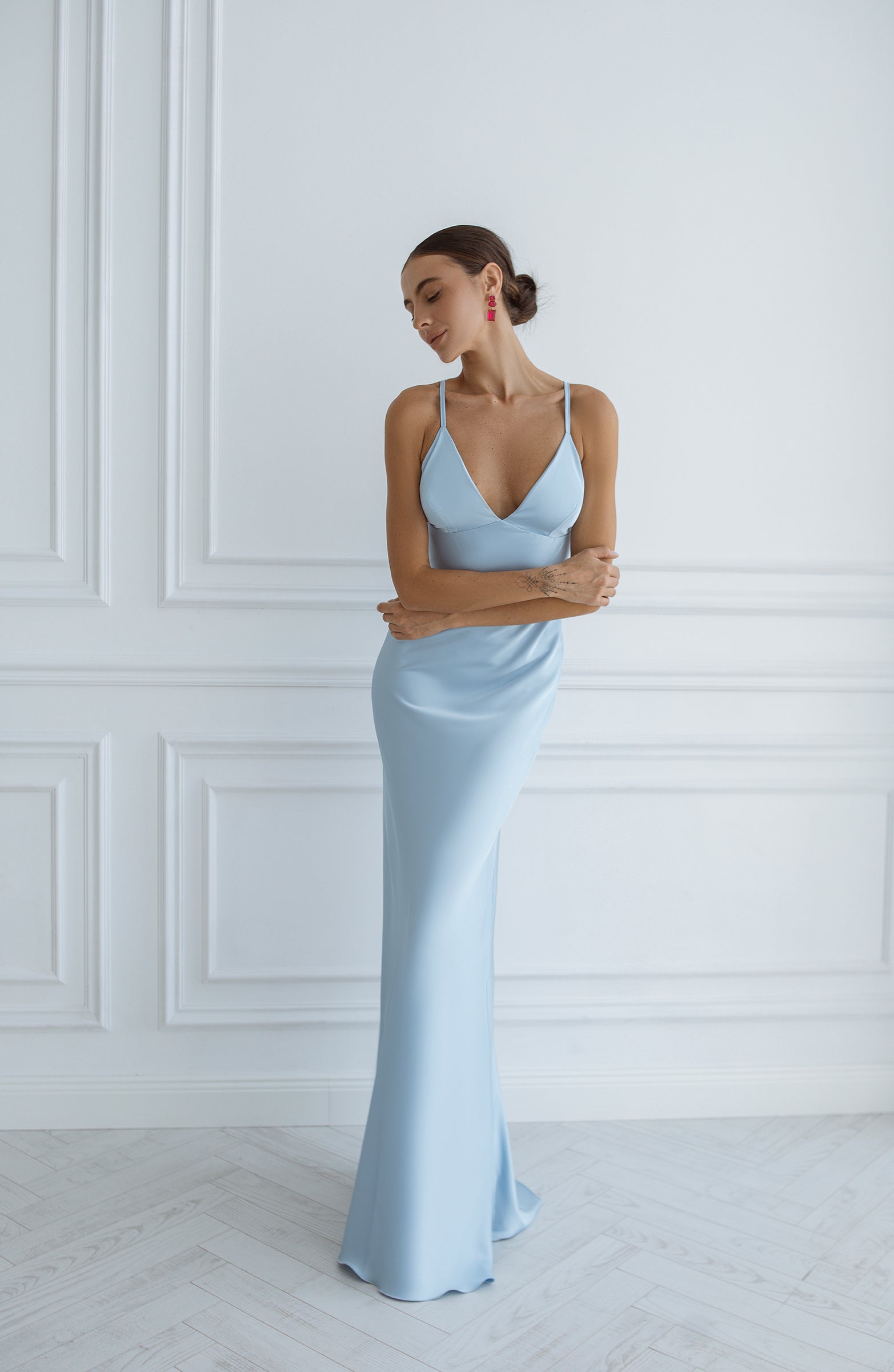 Adriana Sky-Blue Satin Open-Back Slip Maxi Dress