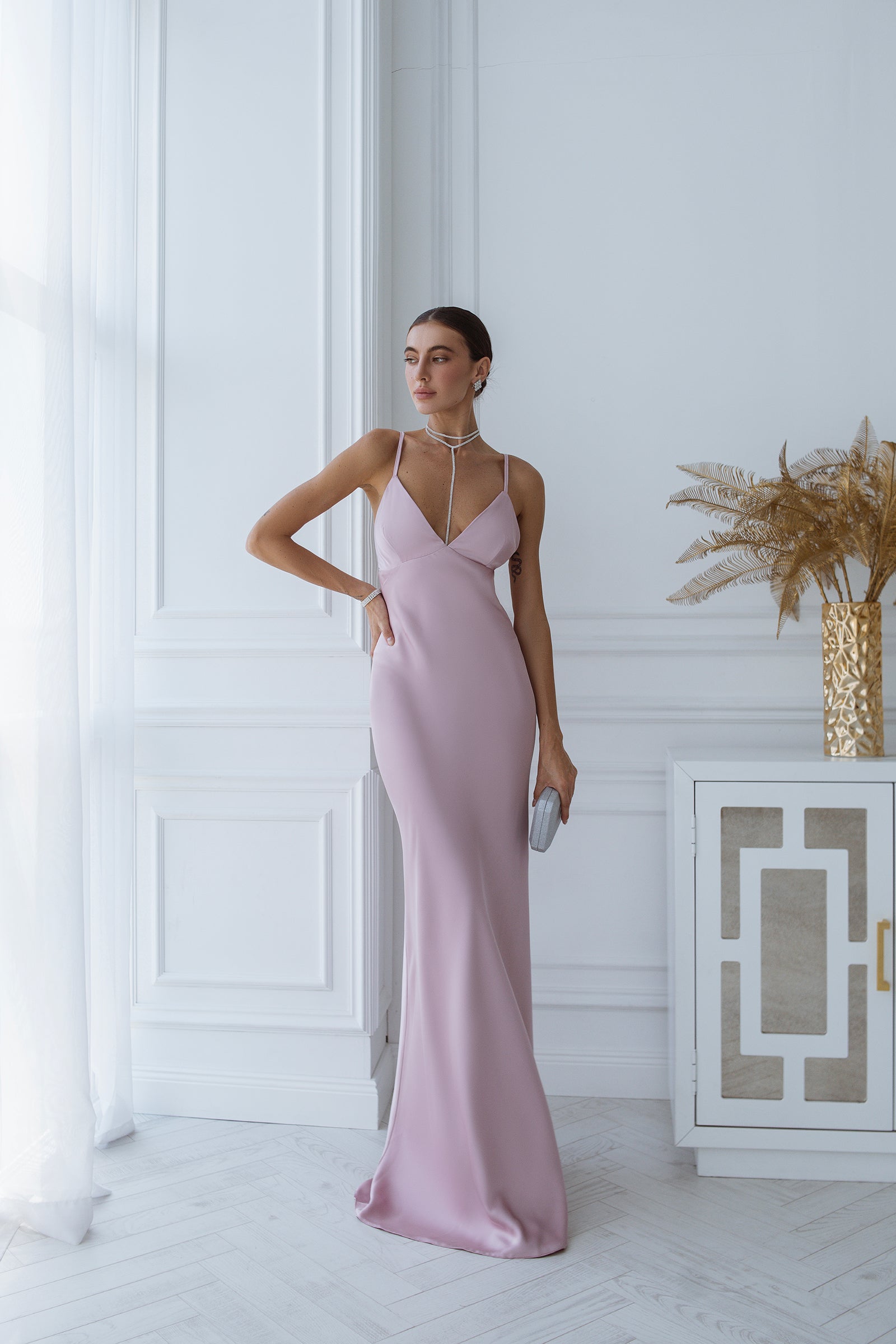 Adriana Dusty Pink Satin Open-Back Slip Maxi Dress
