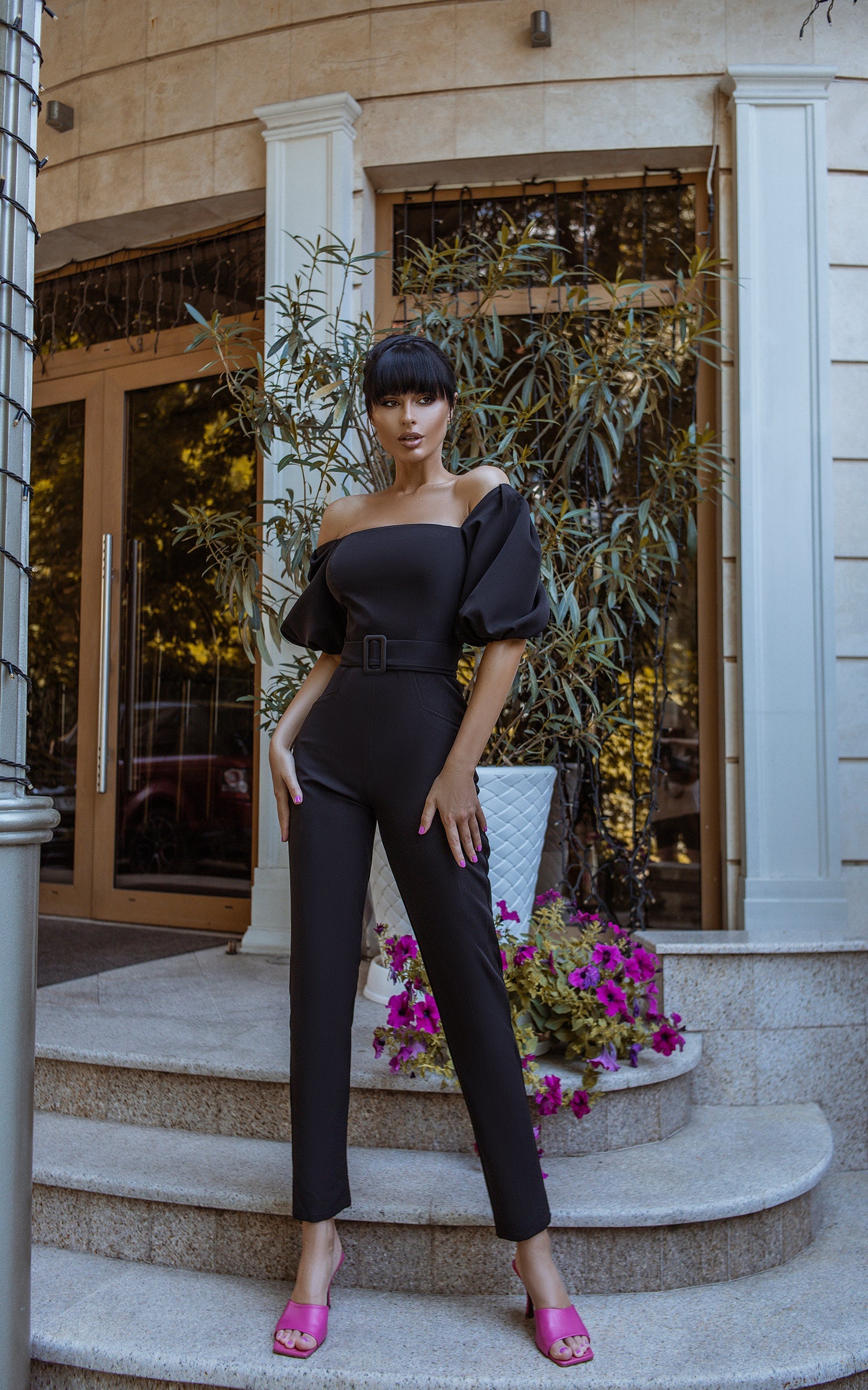 Beatrice Black Bridal Bell Sleeve Straight-Leg Jumpsuit