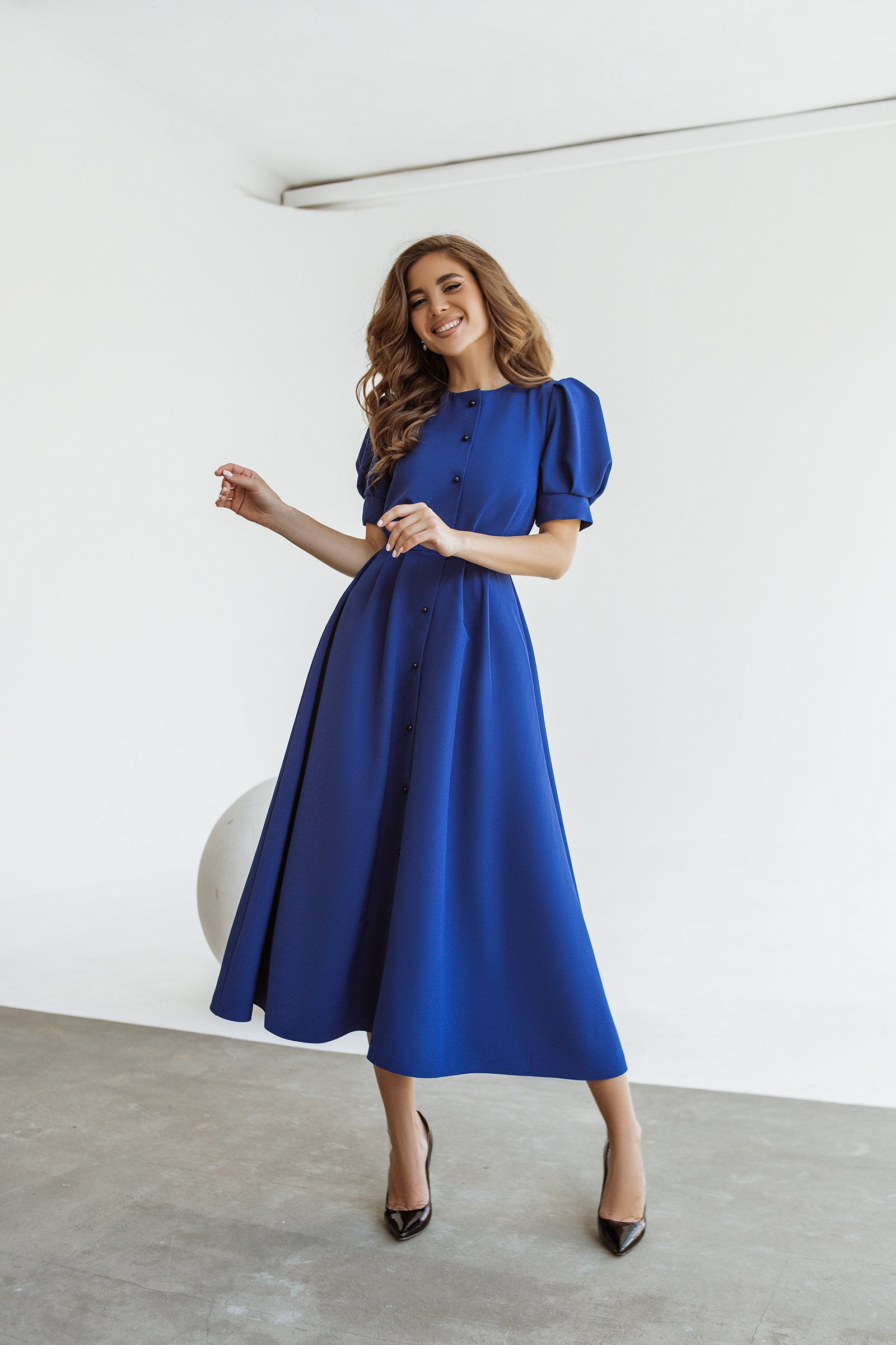 Adriana Blue Puff-Sleeve Buttoned Crepe Midi Dress