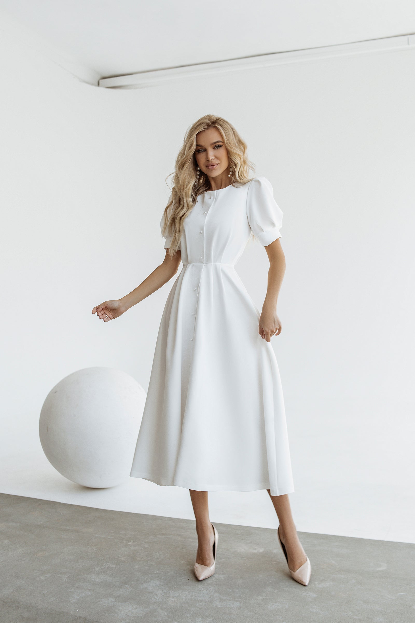 Adriana White Buttoned Puff-Sleeve Midi Dress