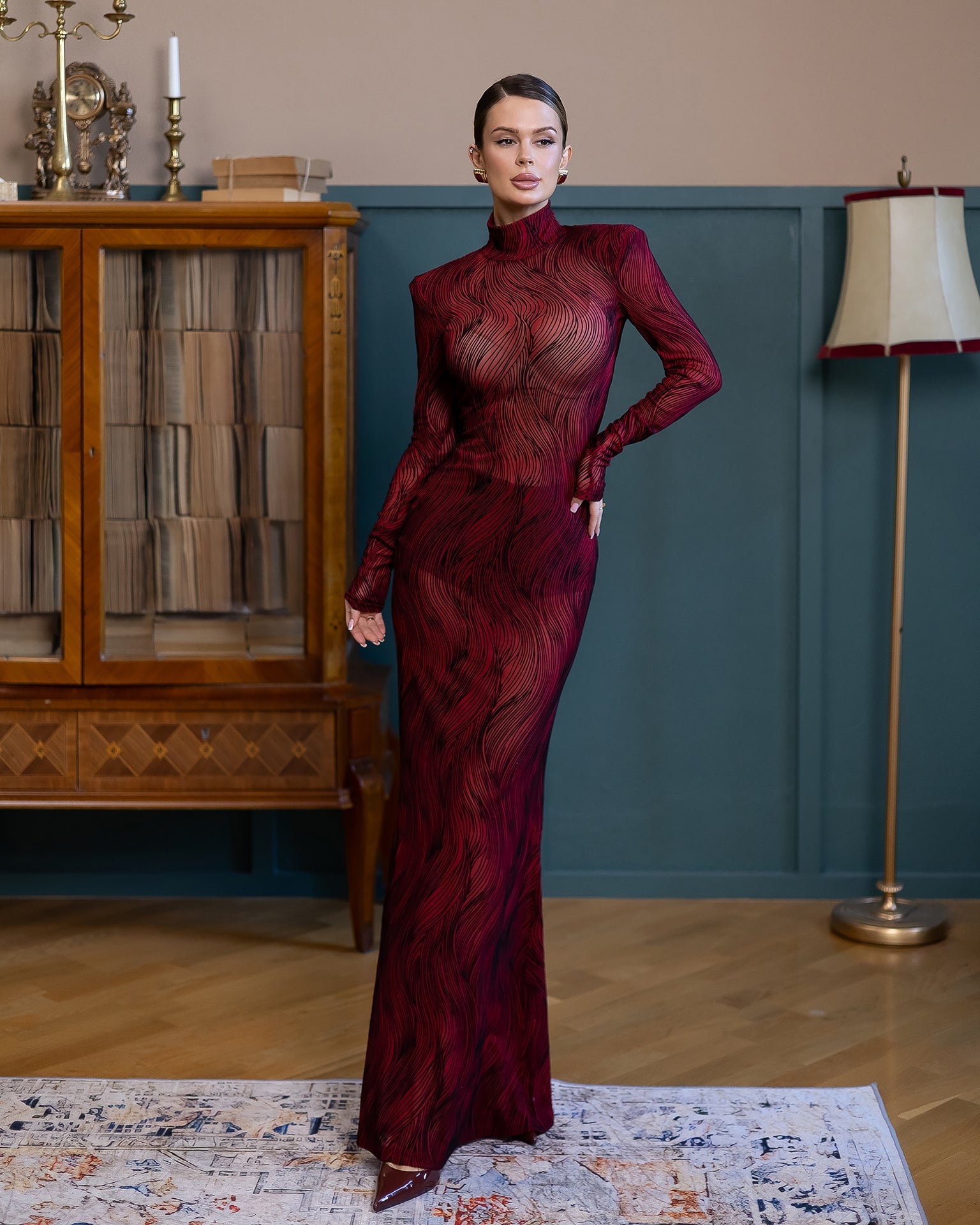 Adriana Red Sheer High-Neck Patterned Maxi Dress
