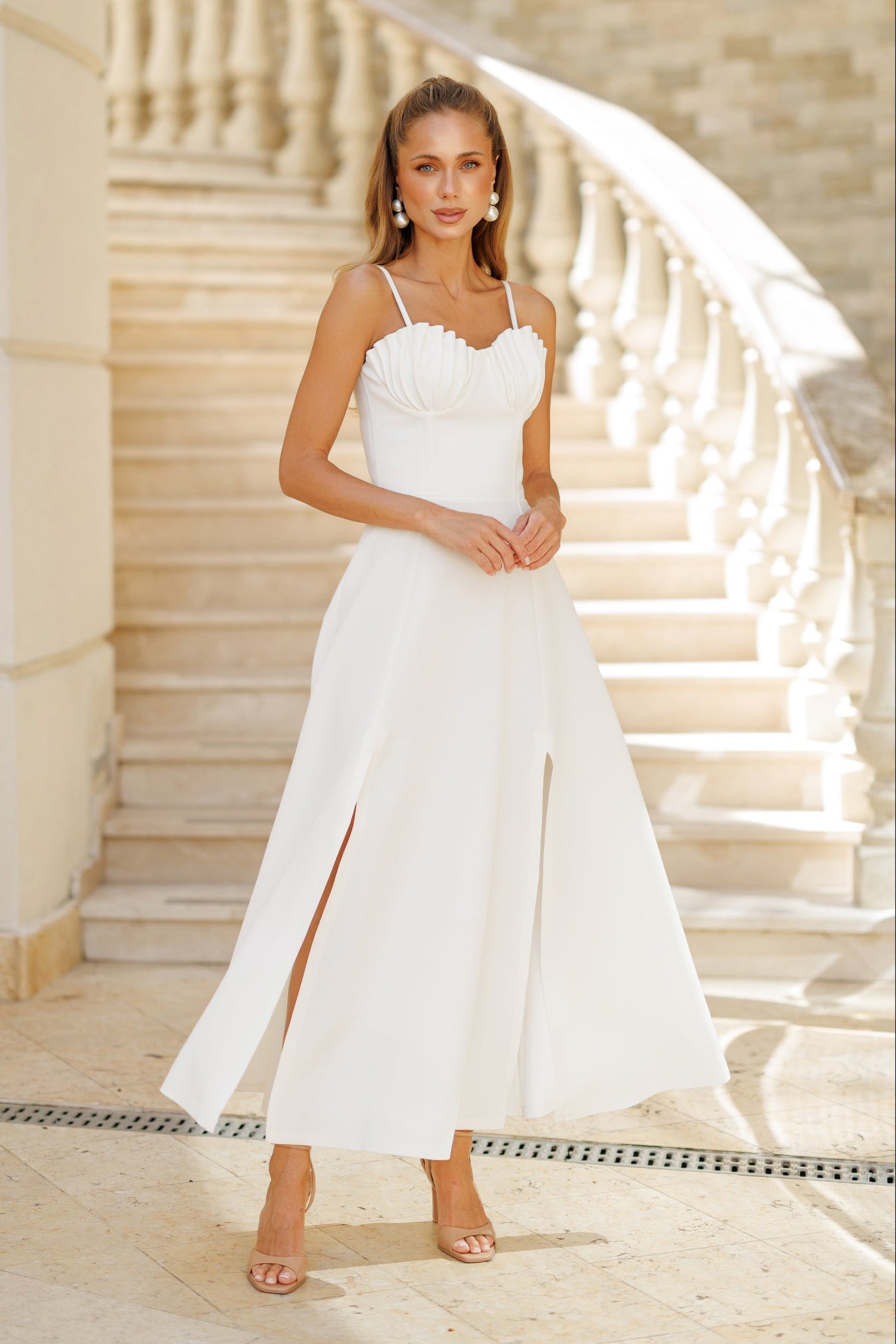 Eleonora White Shell-Pleated Bustier Spaghetti Strap Midi Dress