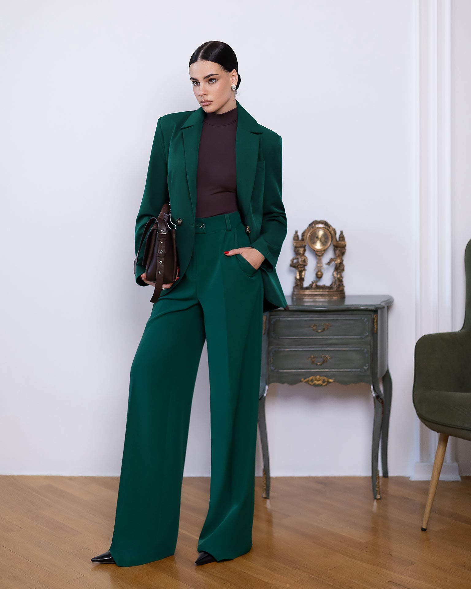 Lorenza Green Double-Breasted Curved-Hem Two-Piece Suit