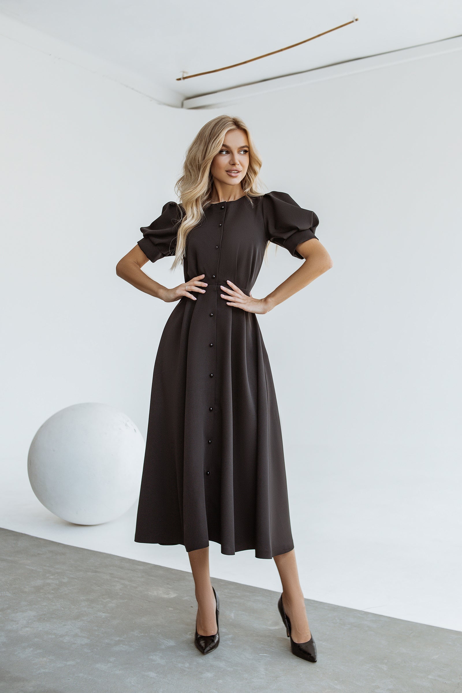 Adriana Black Buttoned Puff-Sleeve Midi Dress
