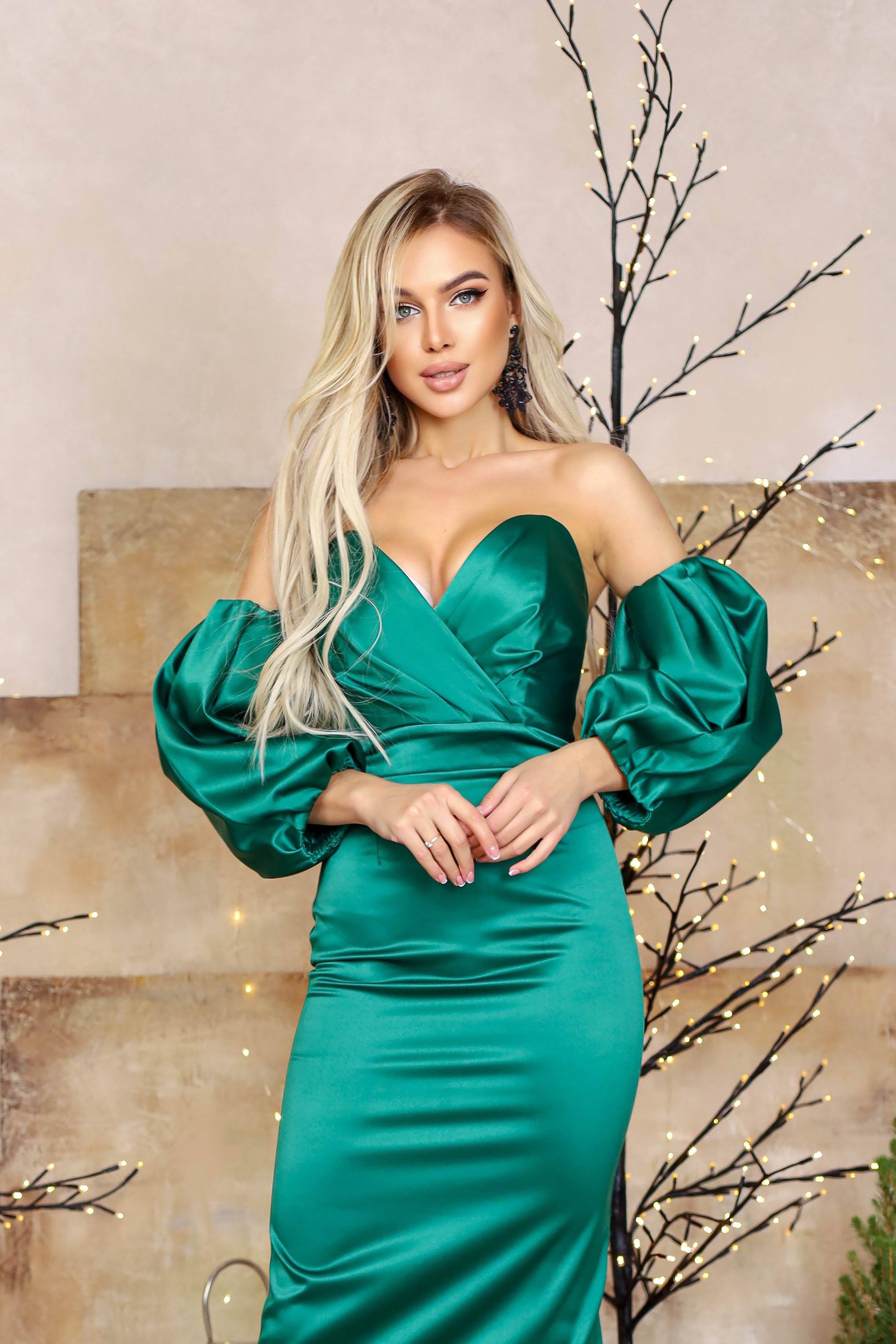 Aurora Emerald Puffed Sleeve Midi Prom Dress