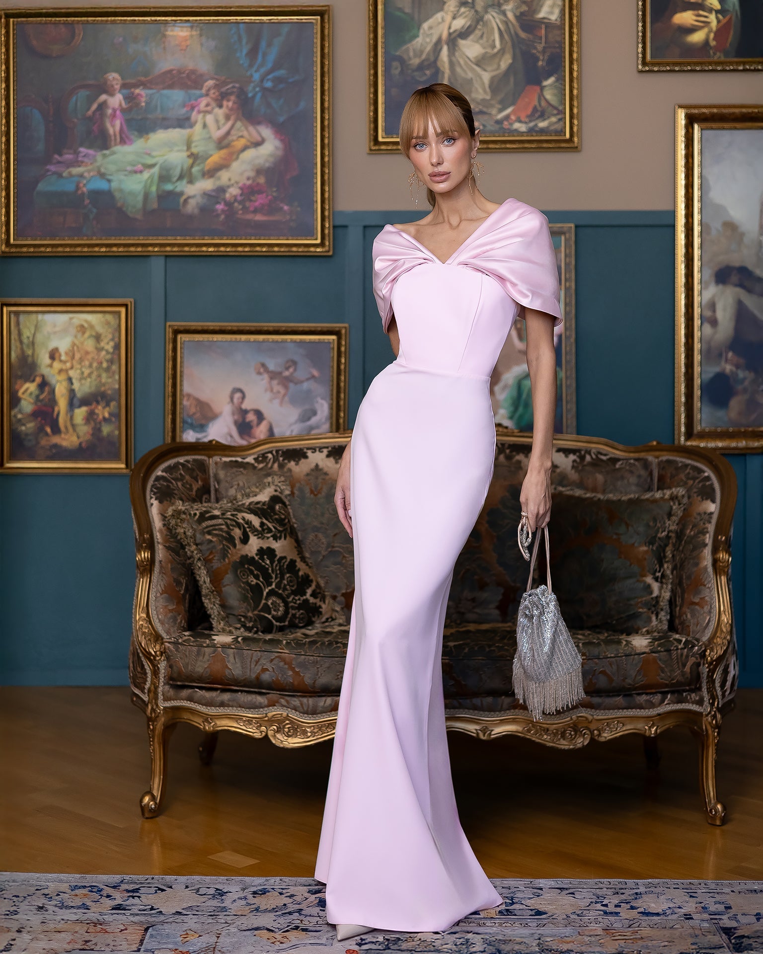 Aurora Pink Off-the-Shoulder Satin-Insert Draped Maxi Dress