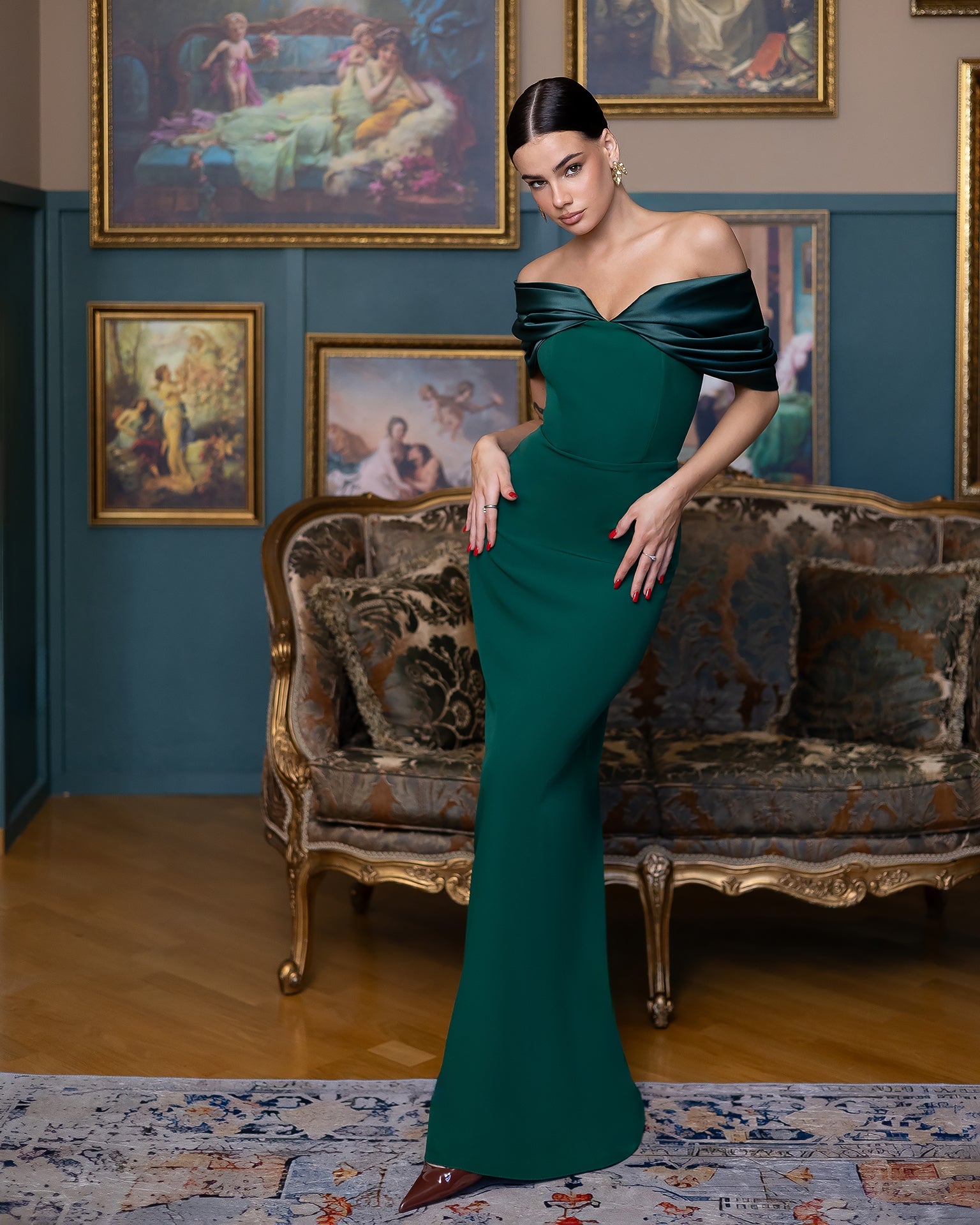 Aurora Green Off-the-Shoulder Satin-Insert Draped Maxi Dress