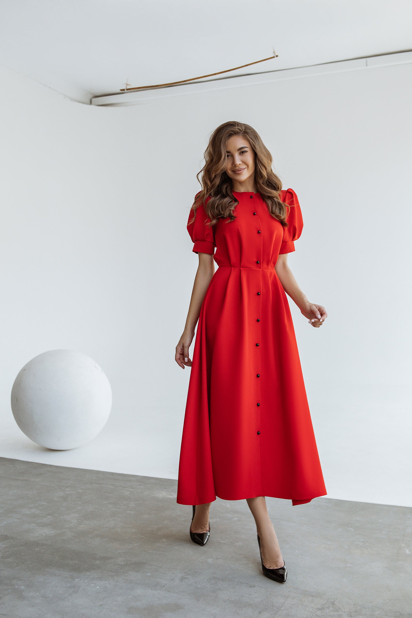 Adriana Red Buttoned Puff-Sleeve Midi Dress