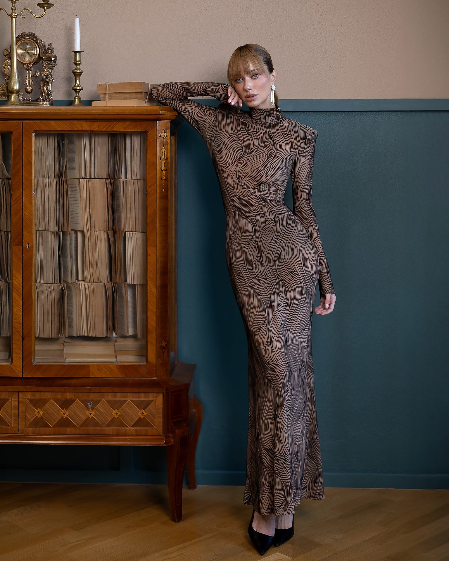Adriana Beige Sheer High-Neck Patterned Maxi Dress