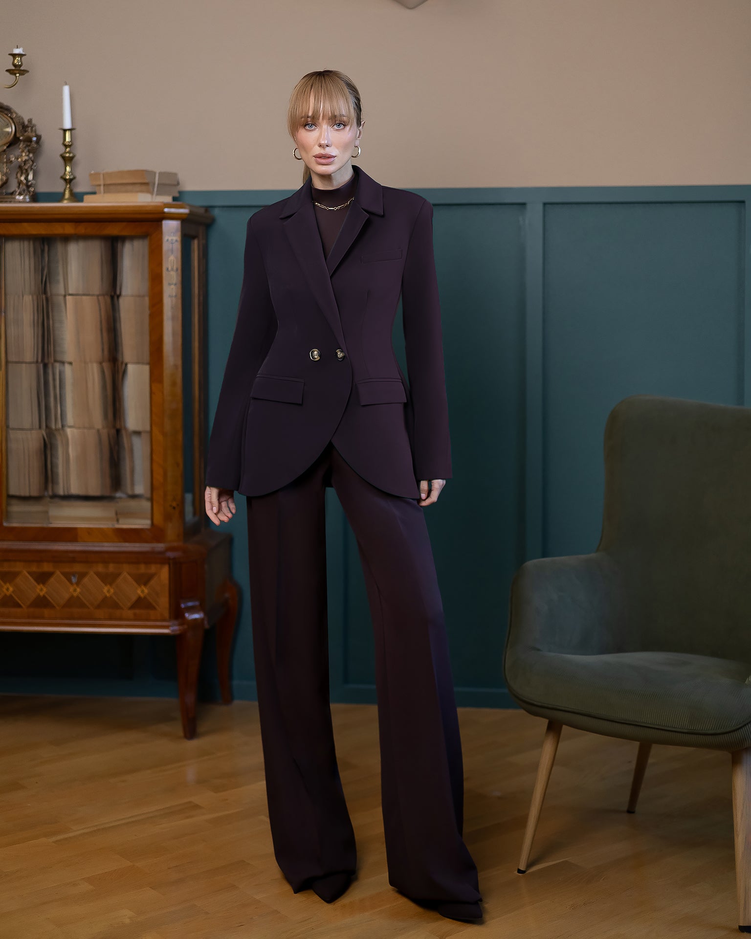 Lorenza Brown Double-Breasted Curved-Hem Two-Piece Suit