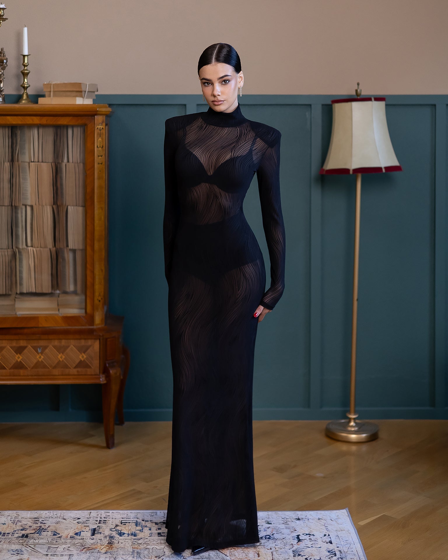 Adriana Black Sheer High-Neck Patterned Maxi Dress