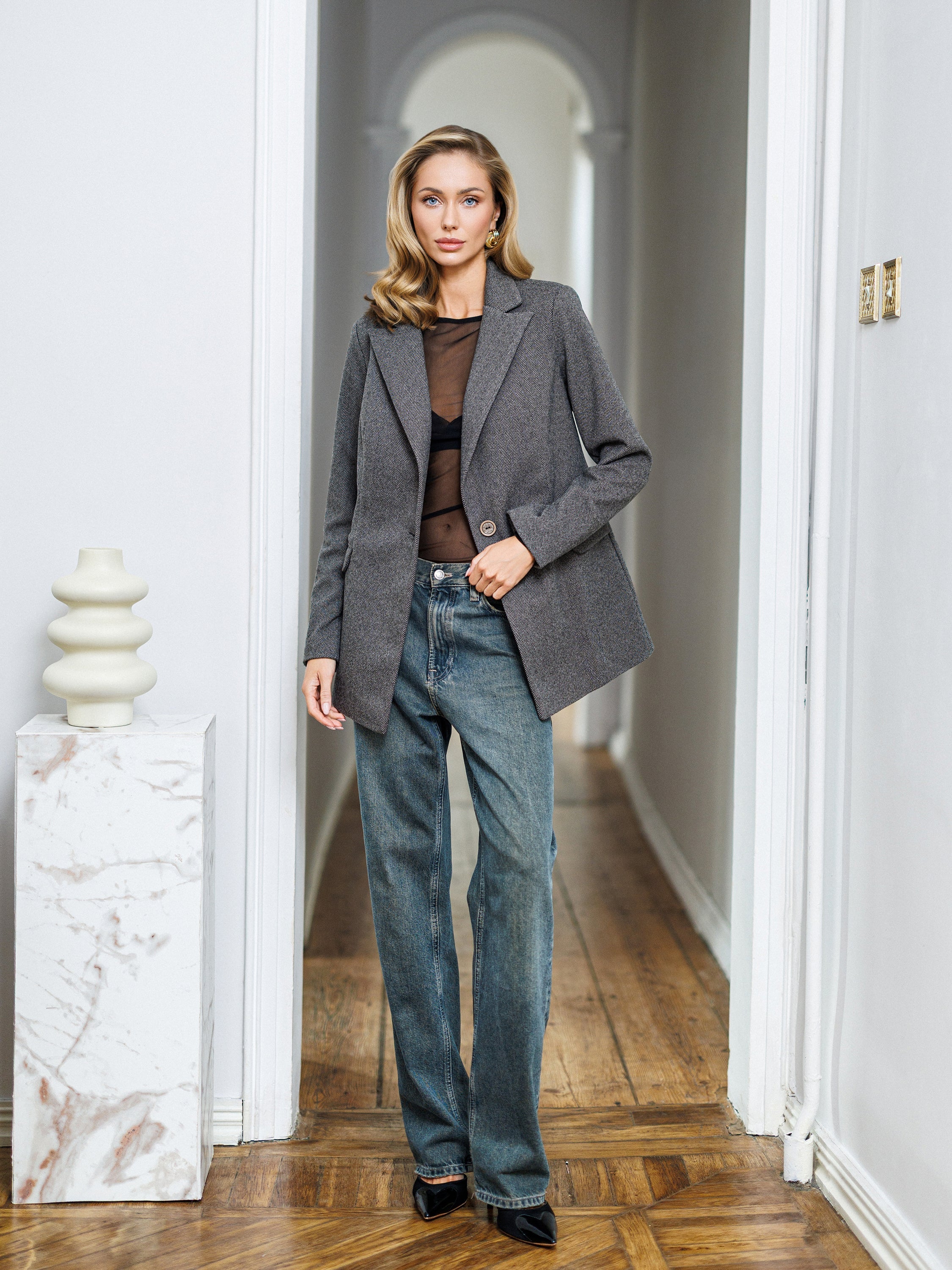 Chiara Grey Striped Wool Single-Breasted Blazer