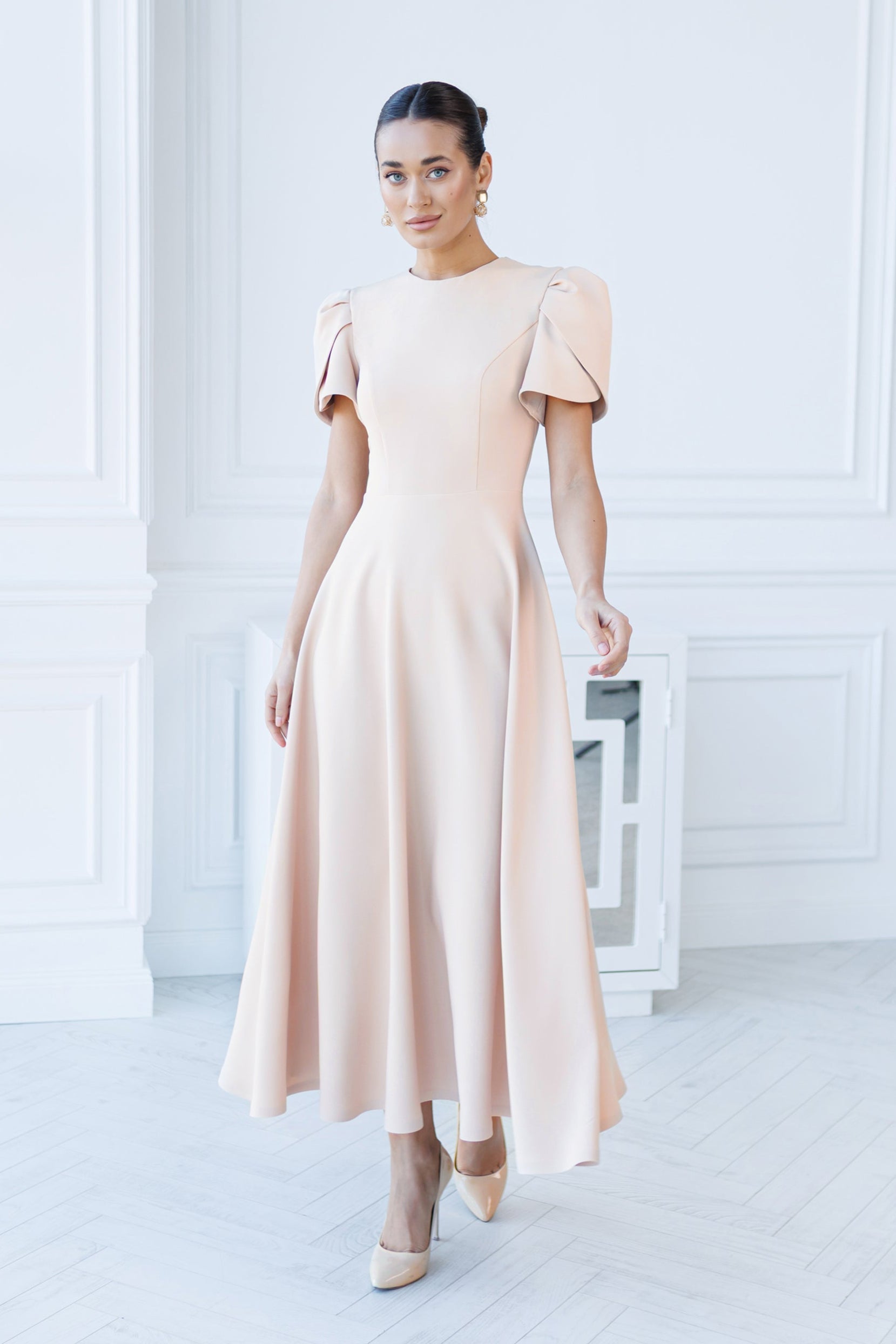 Aurora Beige Round-Neck Puff-Sleeve Midi Dress